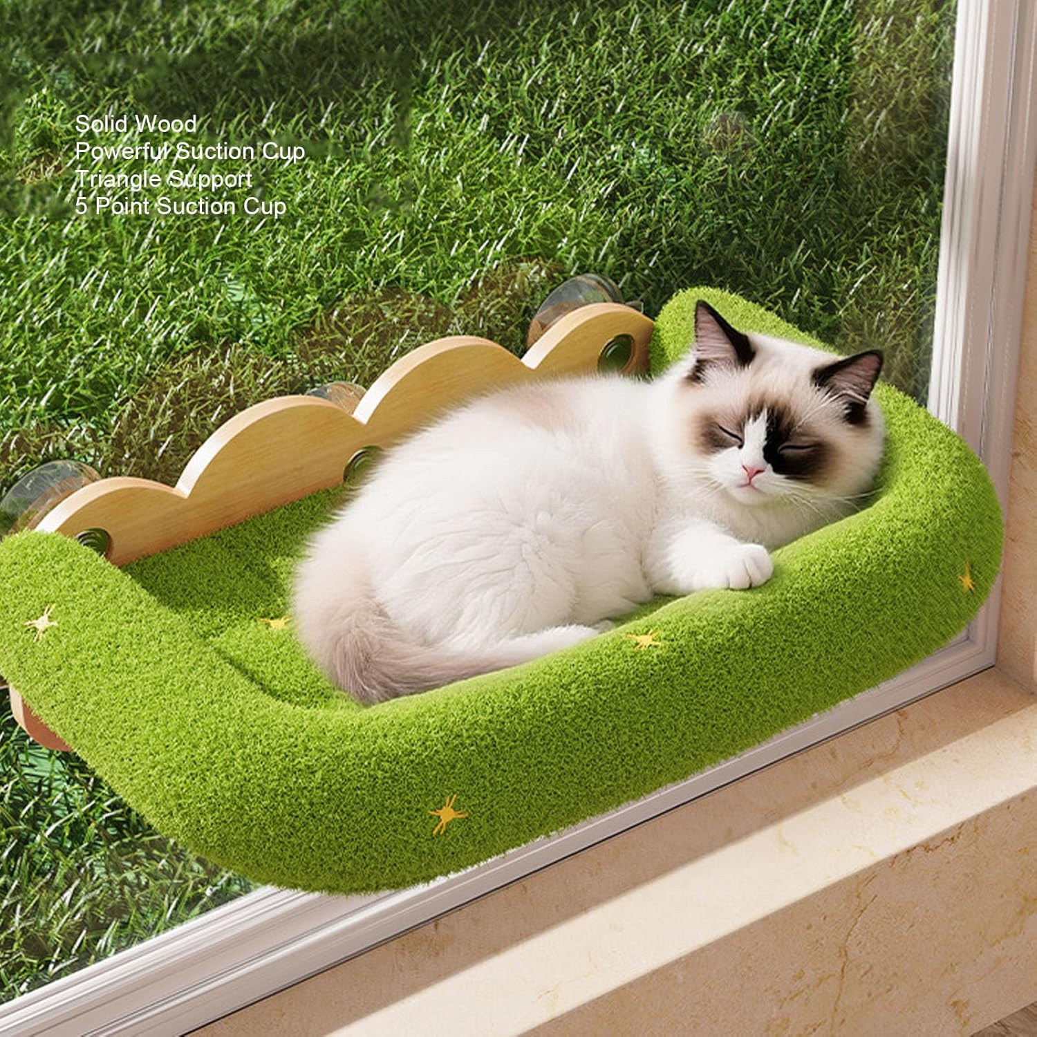 Cat Window Perch, Soft Plush Solid Wood Frame Strong Suction Cup Hammock with Anchor and Screw Foldable Cat Bed 20.87 X 13 X 4.92Inch for Indoor Cats