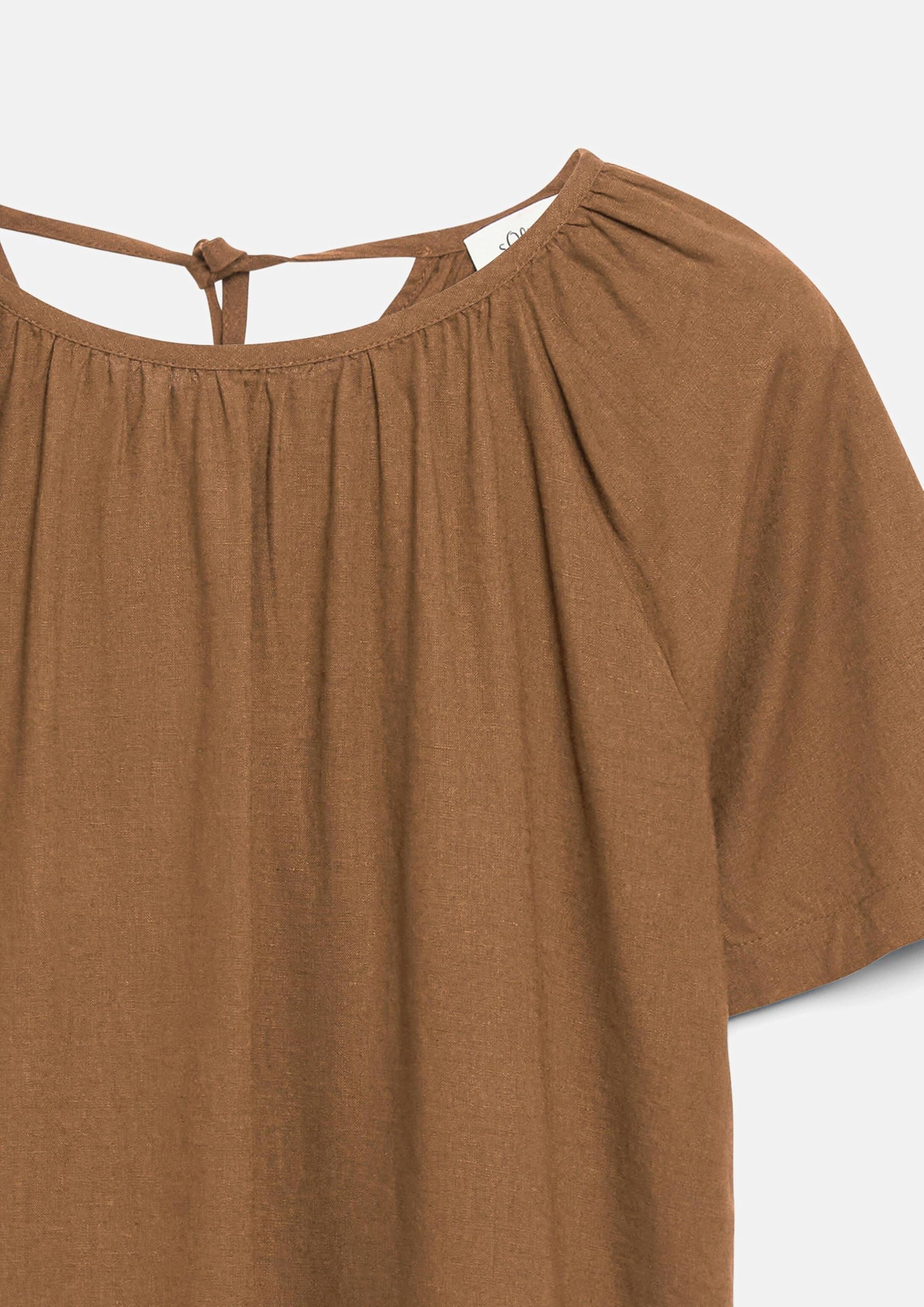 s.Oliver Damen Bluse – Relaxed Fit, Leinenmix, Kurzarm mit Raffung und Schleife