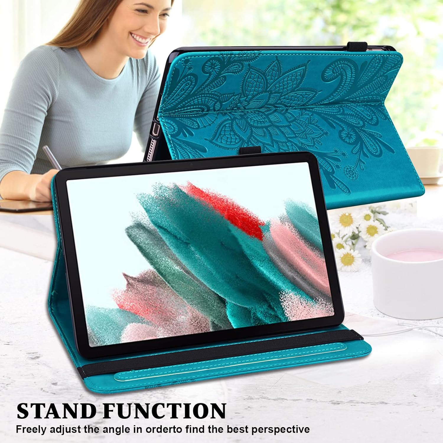 Case for iPad 11th Generation 11 Inch 2025 A16, iPad 10th Generation 10.9 inch 2022, Slim Stand PU Leather Embossed Flowers Protective Cover - Blue