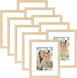 decorUhome 8x10 Picture Frame Set of 10, Display Photos 5x7 with Mat or 8x10 Unmatted for Picture Frames Collage Wall Decor, Natural