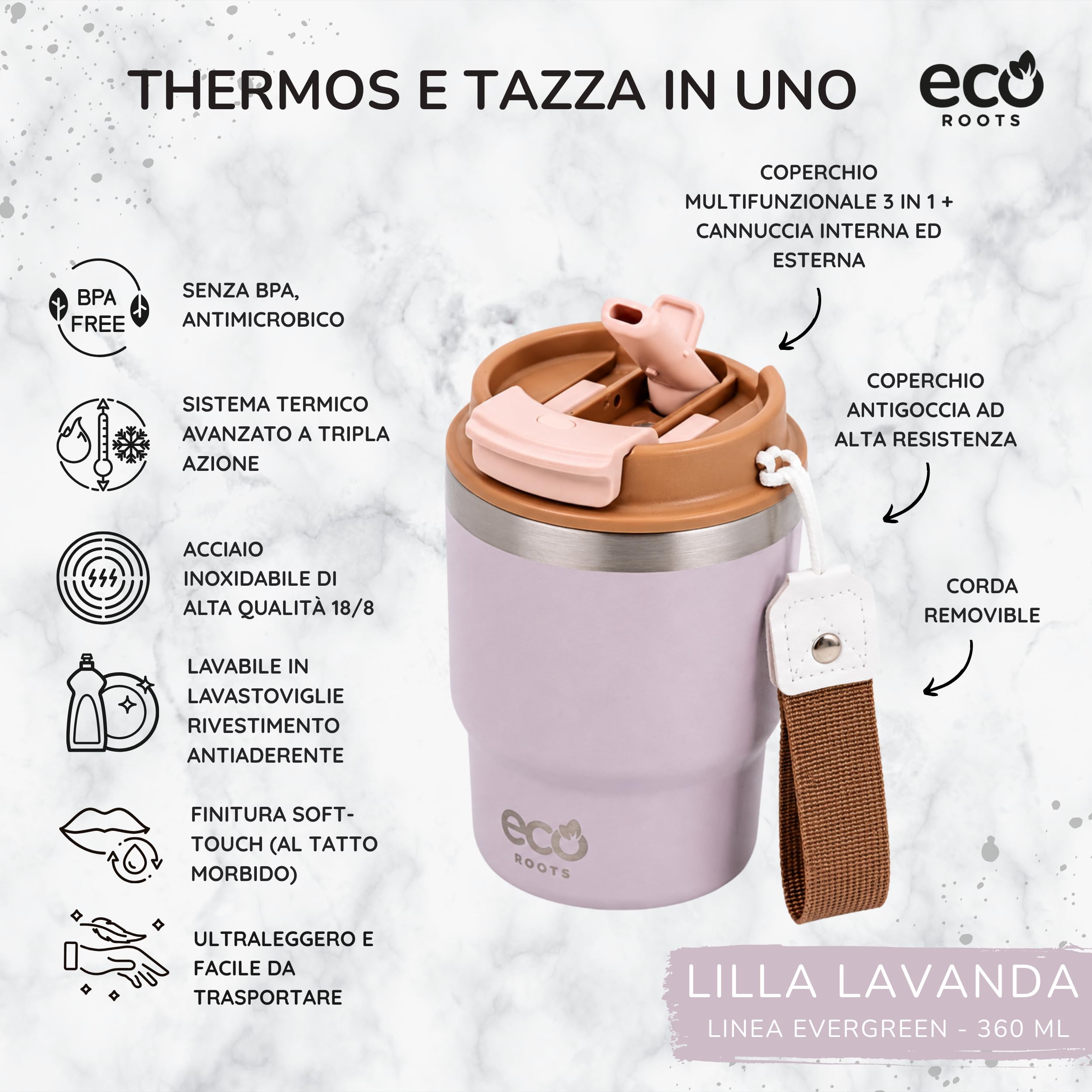 ECOROOTS Everegreen - Thermos Caffè 360 ml | Tazza Termica Antigoccia | Senza BPA | Bicchiere Termico per Caffè | Acciaio Inox | Travel Mug Bevande Calde e Fredde | Tazza da Asporto (LILLA LAVANDA)