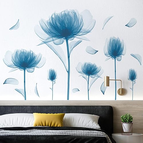 Miniatura 2 de 6 calcomanías de pared florales de flor de loto azul, pintura romántica, decoración artística, flores, brote, calcomanías de pared de vinilo