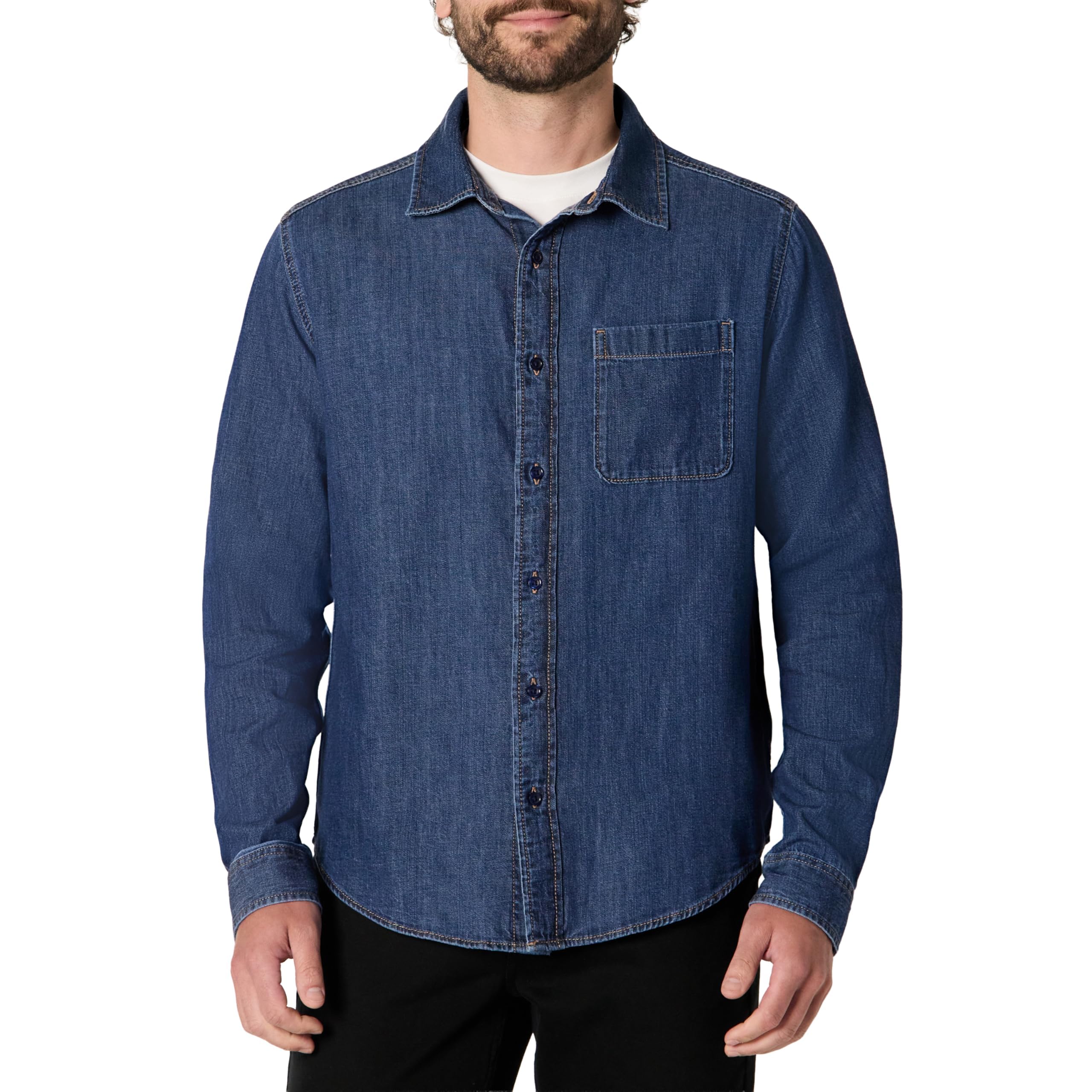 Amazon Essentials Men's Regular-Fit Long-Sleeve Denim Shirt, Lightweight Cotton Chambray, Button-Down, Stone Medium Wash, X-Small