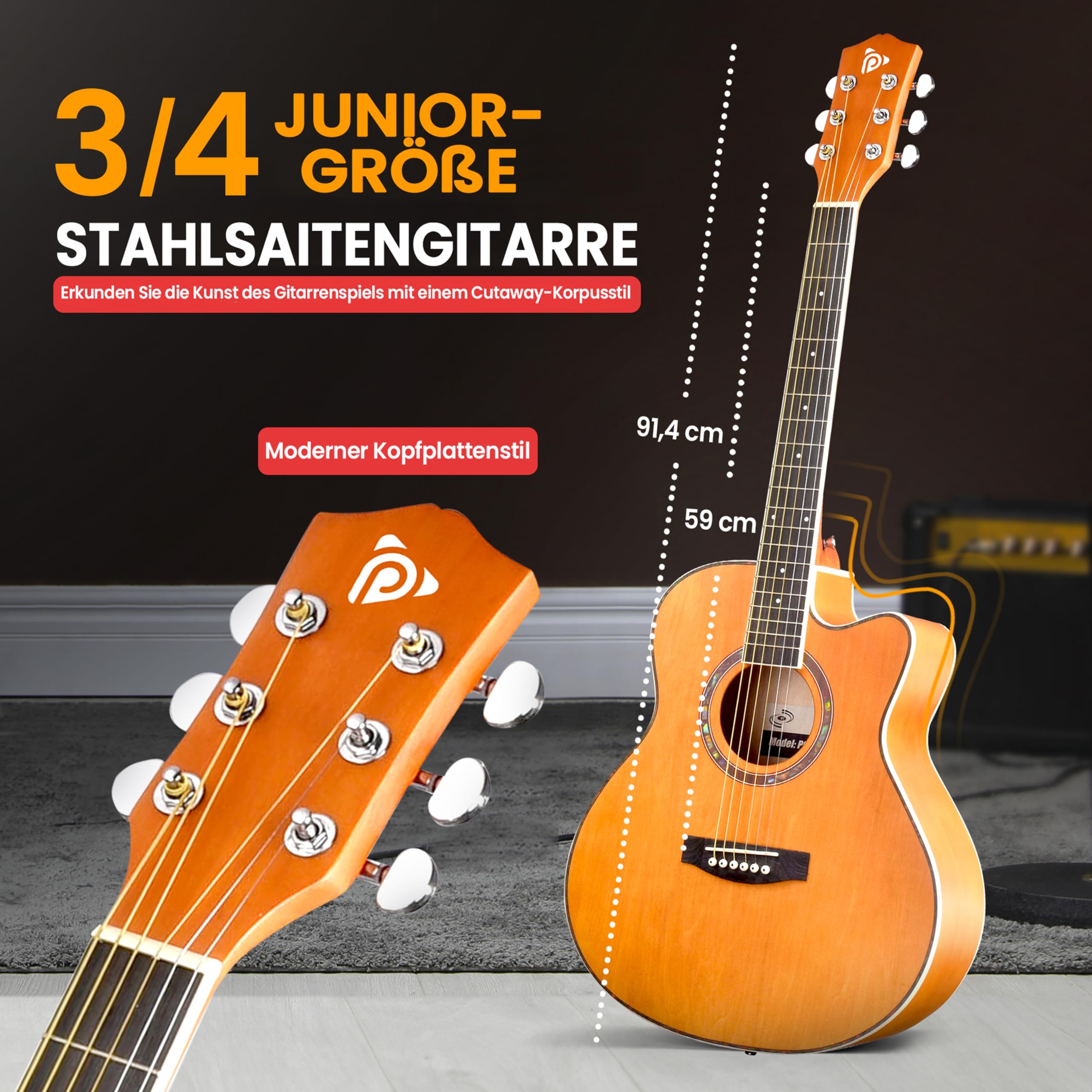 Pyle Akustikgitarre, Rechtshändig, 3/4 Größe, Orange