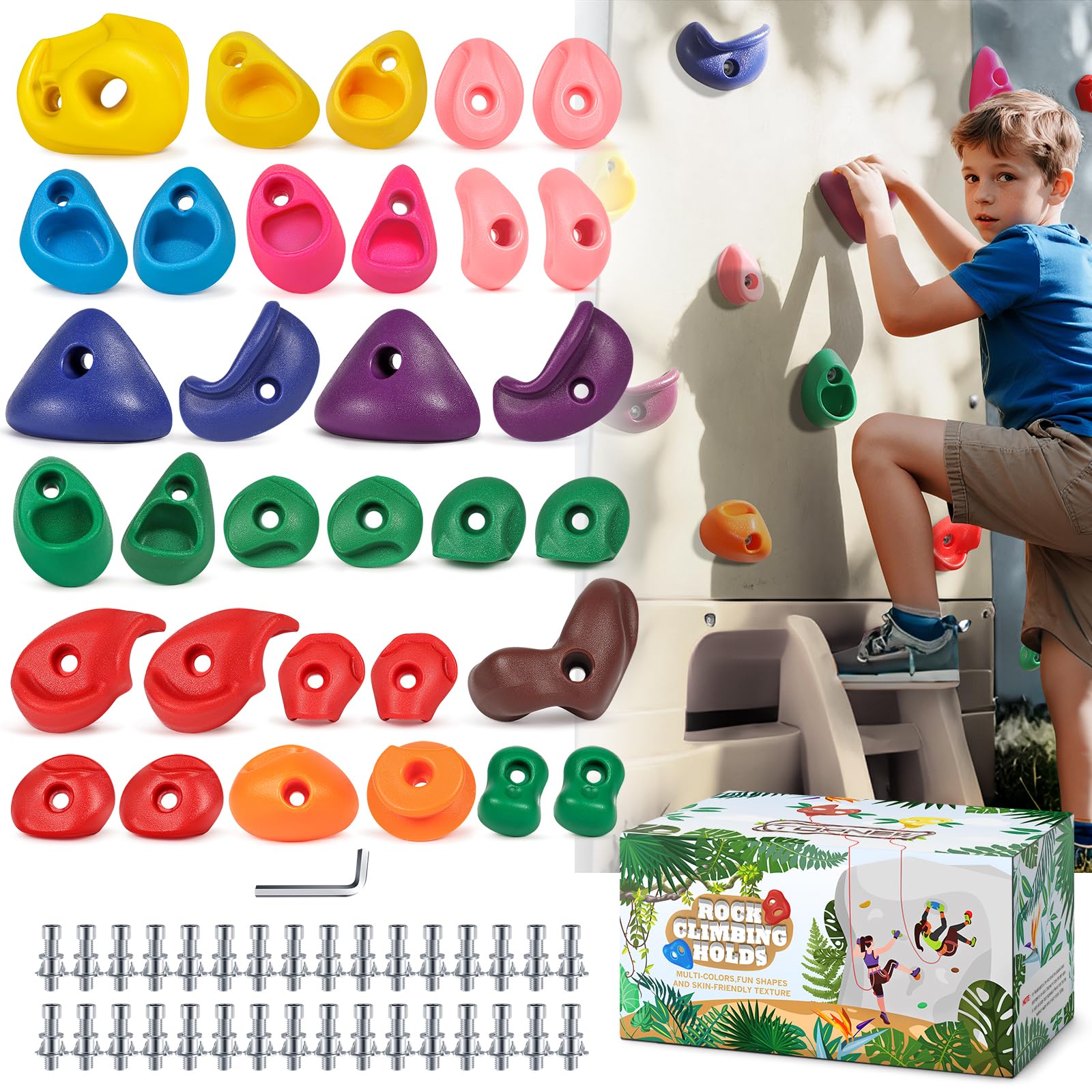 32Pcs Rock Climbing Holds for Kids, Climbing Wall Grips for Playground