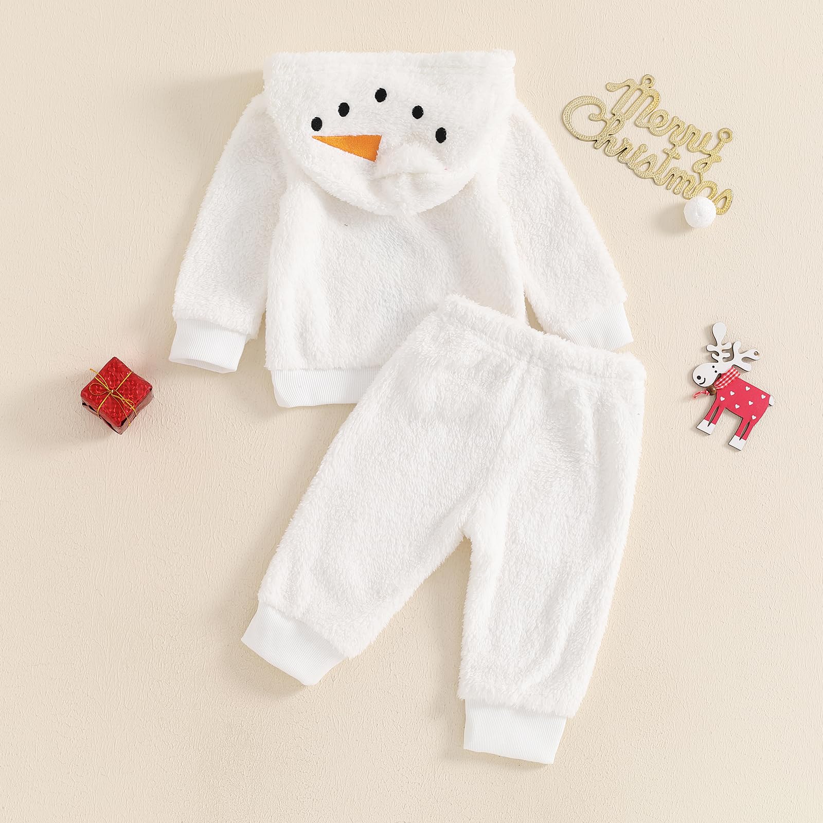 Licupiee Toddler Boy Girl Christmas Outfits 2Pcs Fall Clothes Sets Winter Fleece Pants Set Long Sleeve Hoodie and Pants Suit (White Snowman, 6-12 Months)
