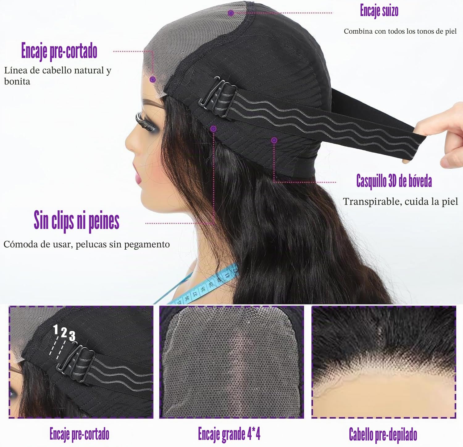 Rebasar Glueless Wigs Human Hair Pre Plucked Pre Cut Body Wave 4X4 Lace Front Wig Human Hair Pelucas de Cabello Humano para Mujeres 150% Density Natural Black 14 Pulgadas