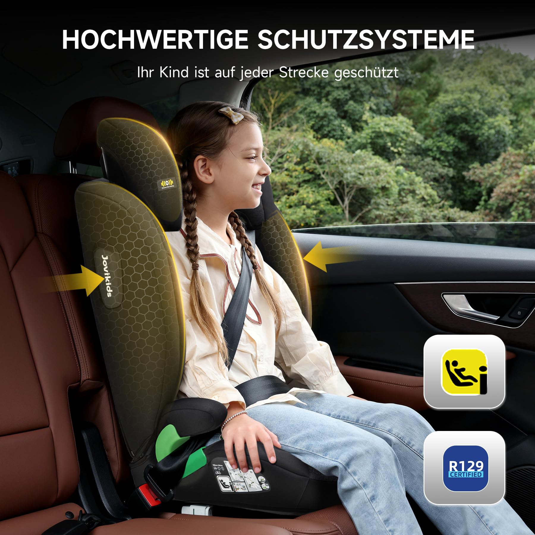 i-Size R129 Kinderautositz für 3,5 bis 12 Jahre (100-150 cm), Mit verstellbarer Rückenlehne, Kopfstütze, Seitenaufprallschutz,léger, Rehausseur Isofix(Schwarz, ISOFIX)