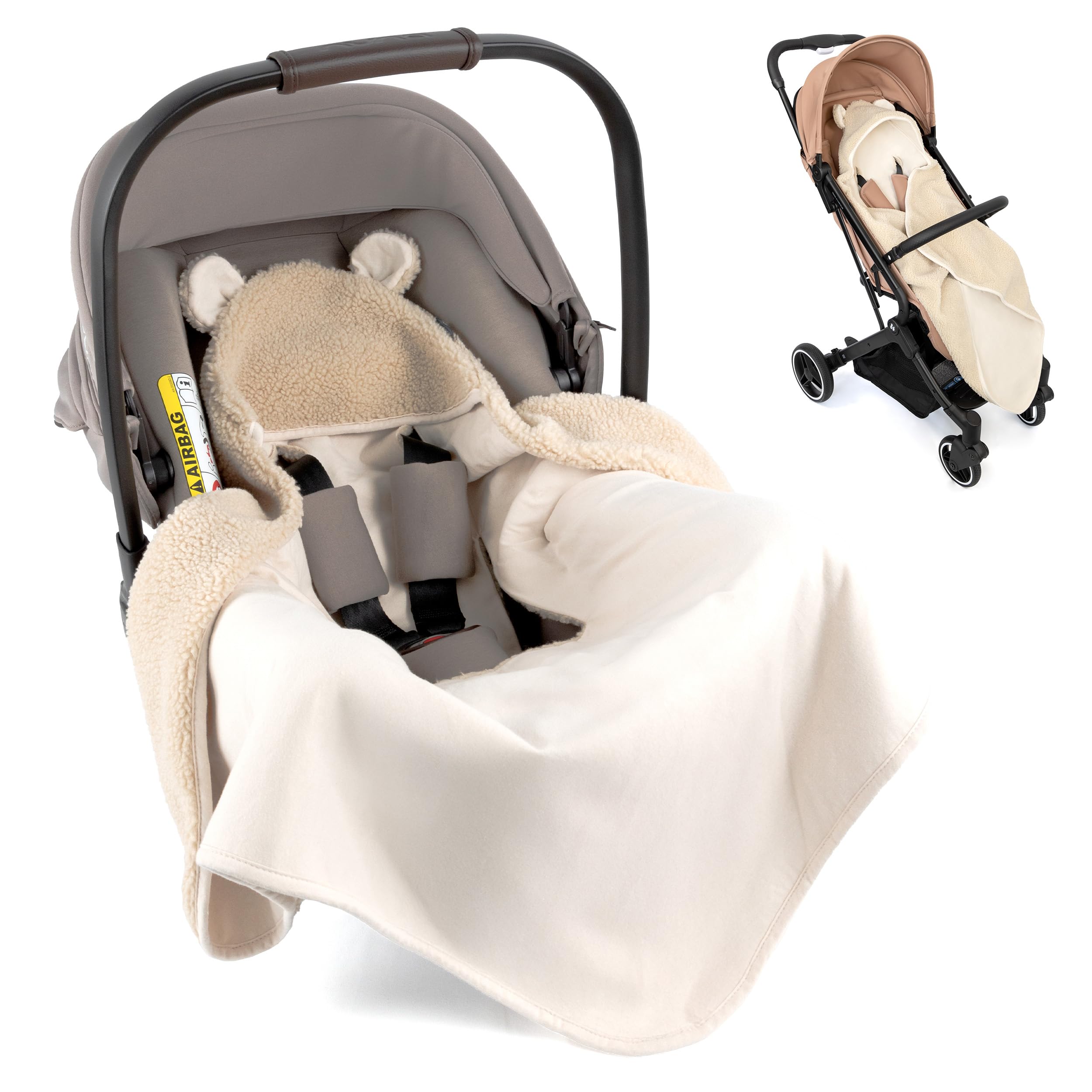 Zamboo Copertina Avvolgente - Morbida Copertina per Neonati con Cappuccio e Aperture per Cinture | Certificato OEKO-TEX, 80x80 cm - Copertina Ovetto, Seggiolini Auto, Passeggini e Carrozzine | Beige