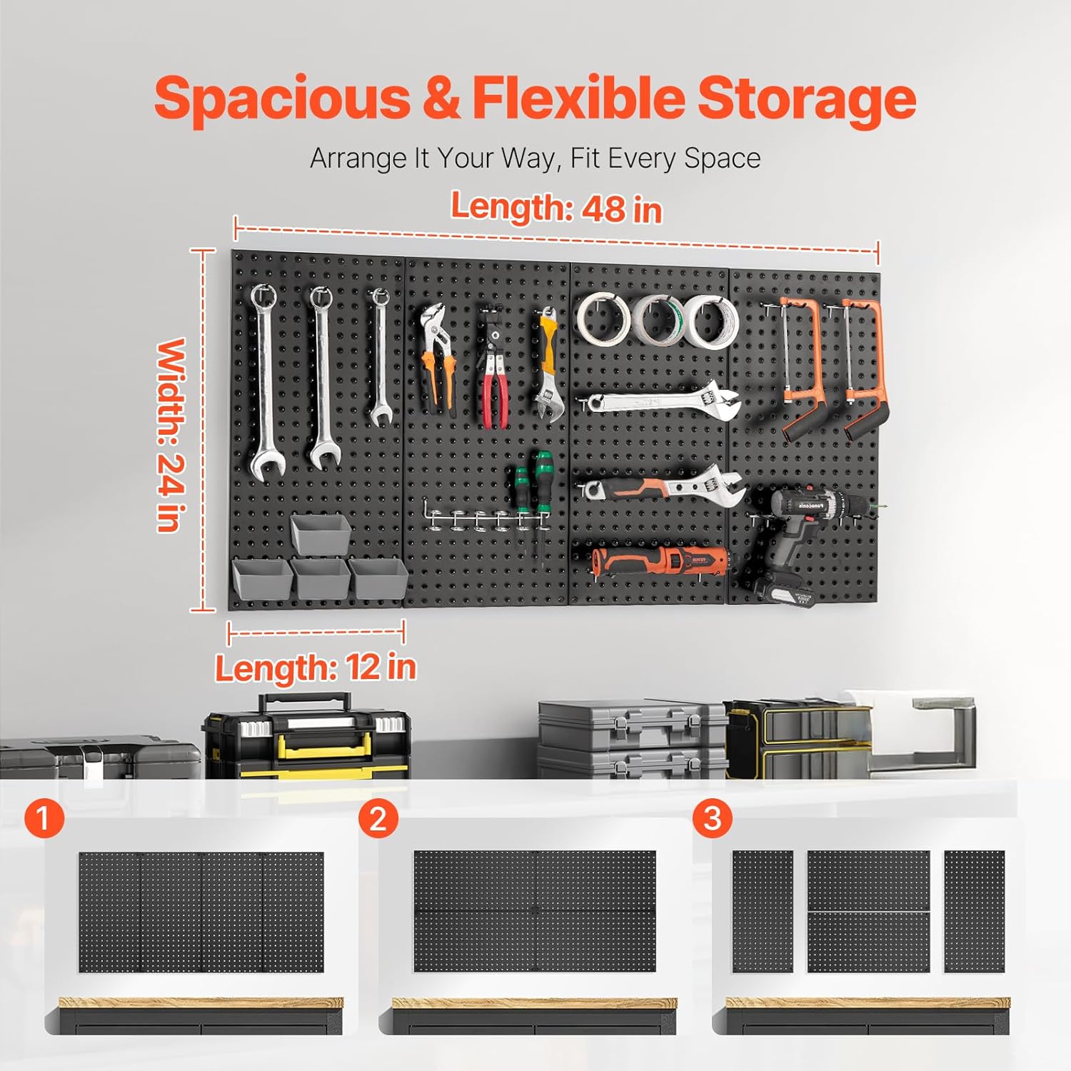 VEVOR Metal Pegboard Panels, 24" x 12" Pegboard, 4 Panels, Heavy Duty Peg Board Wall Organizer with Accessories, for Living Room Garage Tool Storage Office Organization Craft Room Kitchen Home, Black