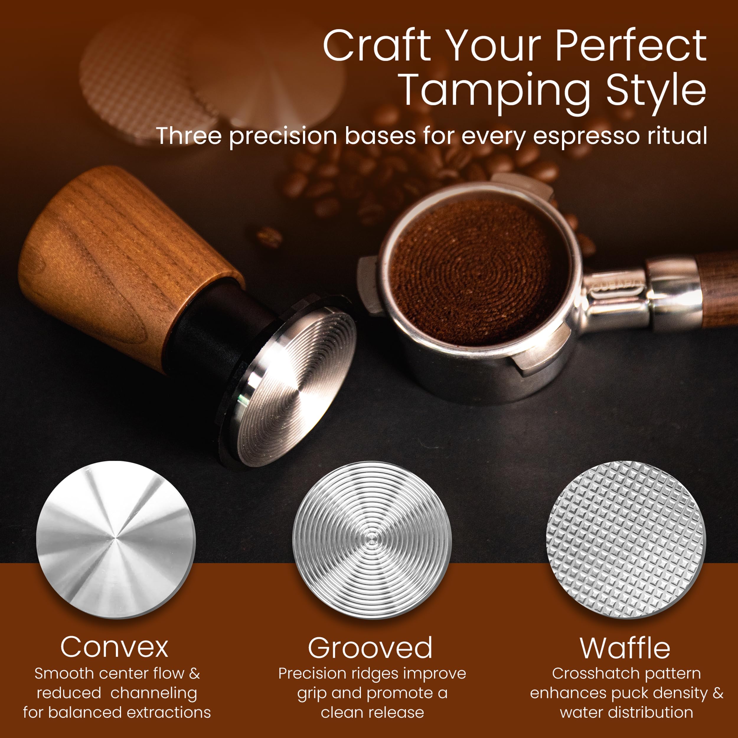 Tri-Spring ubijak do espresso, z 3 wymiennymi podstawami, sprężynowa ubijaczka do kawy, 54 mm, ze sprzężeniem zwrotnym dźwięku, ubijak Barista, 54 mm, do ekspresu do espresso