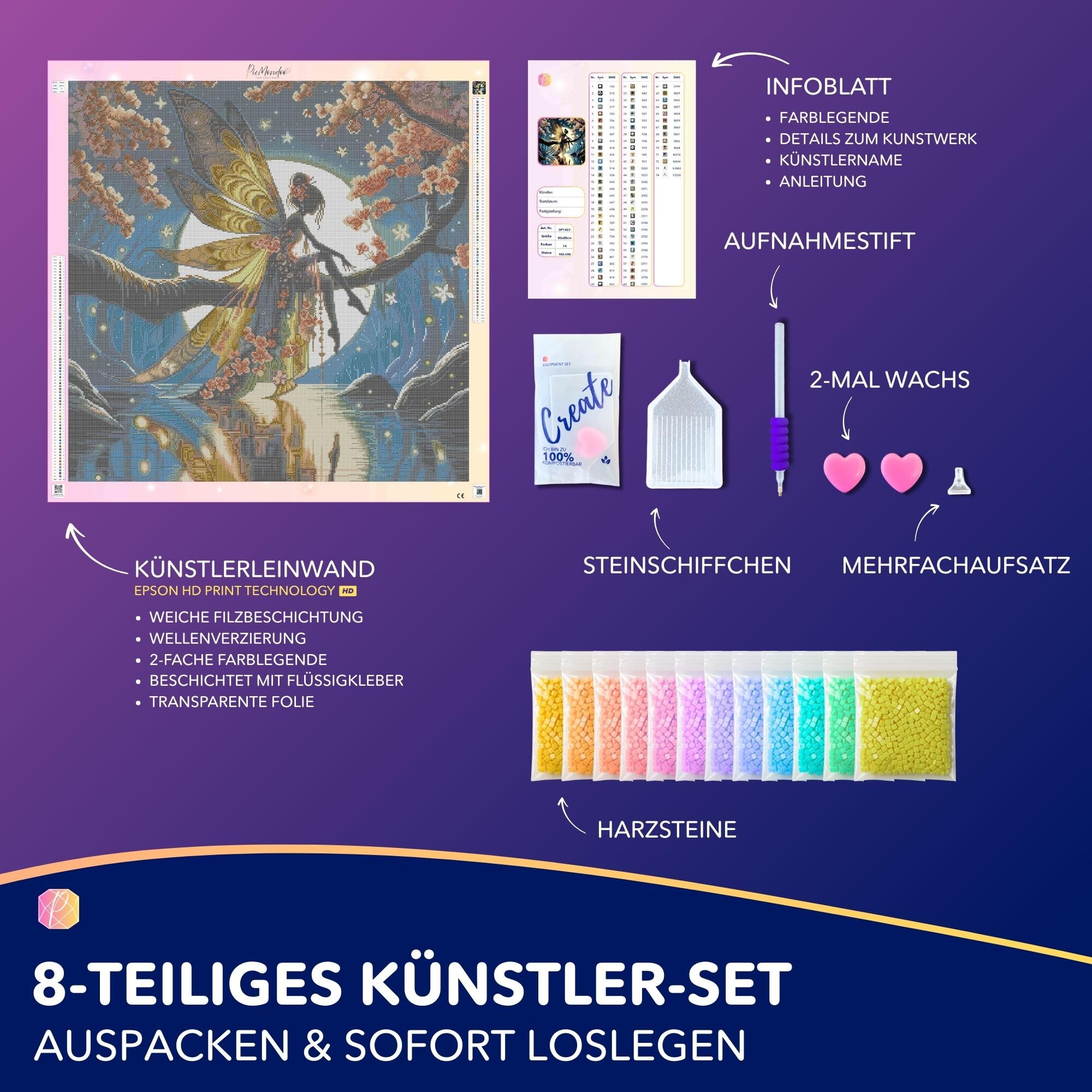 Picmondoo Diamond Painting - 80x80cm - Mondscheinfee | quadratische Harzsteine, AB-Steine, Strass- & Metallicfarben, klares Raster, Stift, Wachs & Schale für entspanntes DIY