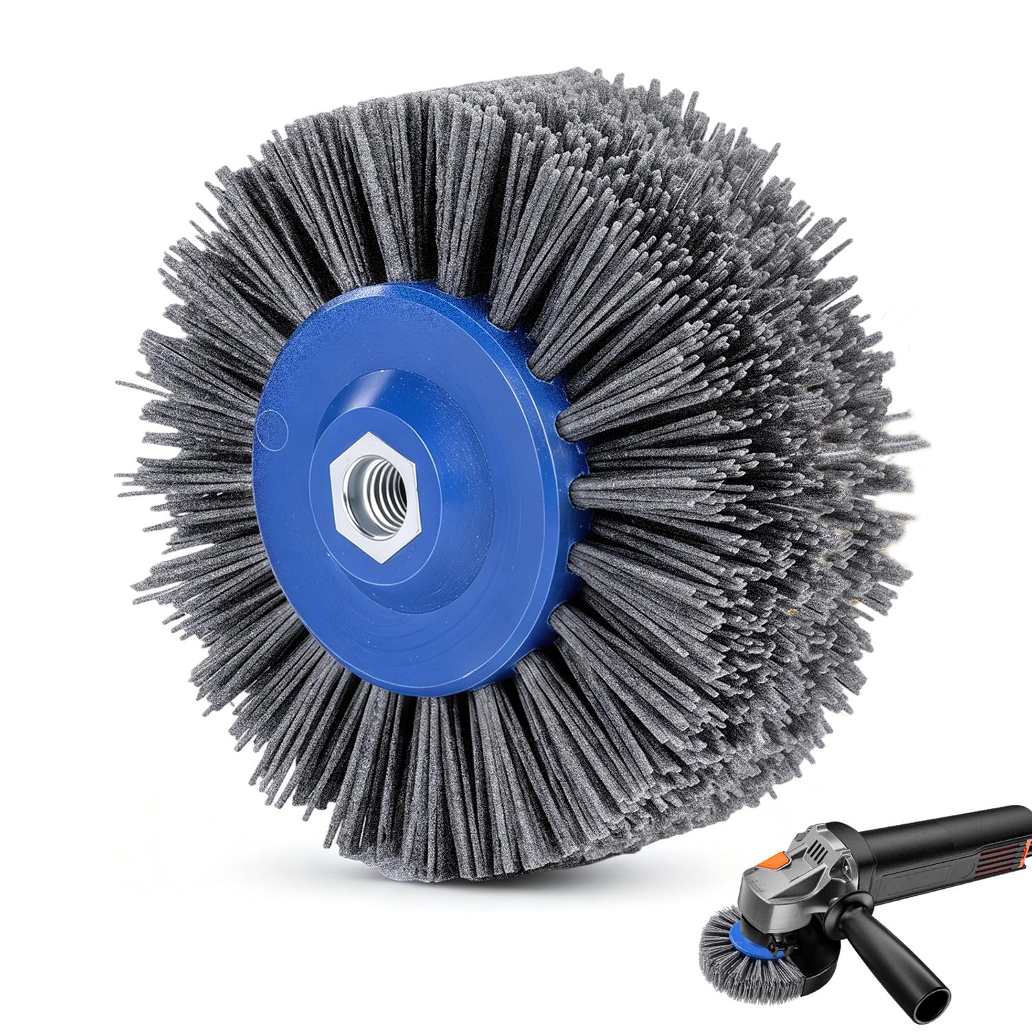 Brosse en nylon M14 grain #120 pour meuleuse d'angle - Brosse satinée Ø 140 mm avec épaisseur de fil de 1,1 mm - Idéal pour l'acier inoxydable, l'aluminium et le cuivre - Structure, matification et