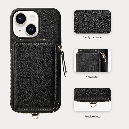 Miniatura 5 de ZVE Funda tipo cartera para iPhone 13 con pulsera, funda de cuero con cremallera con ranuras para tarjetas con bloqueo RFID tipo monedero, funda
