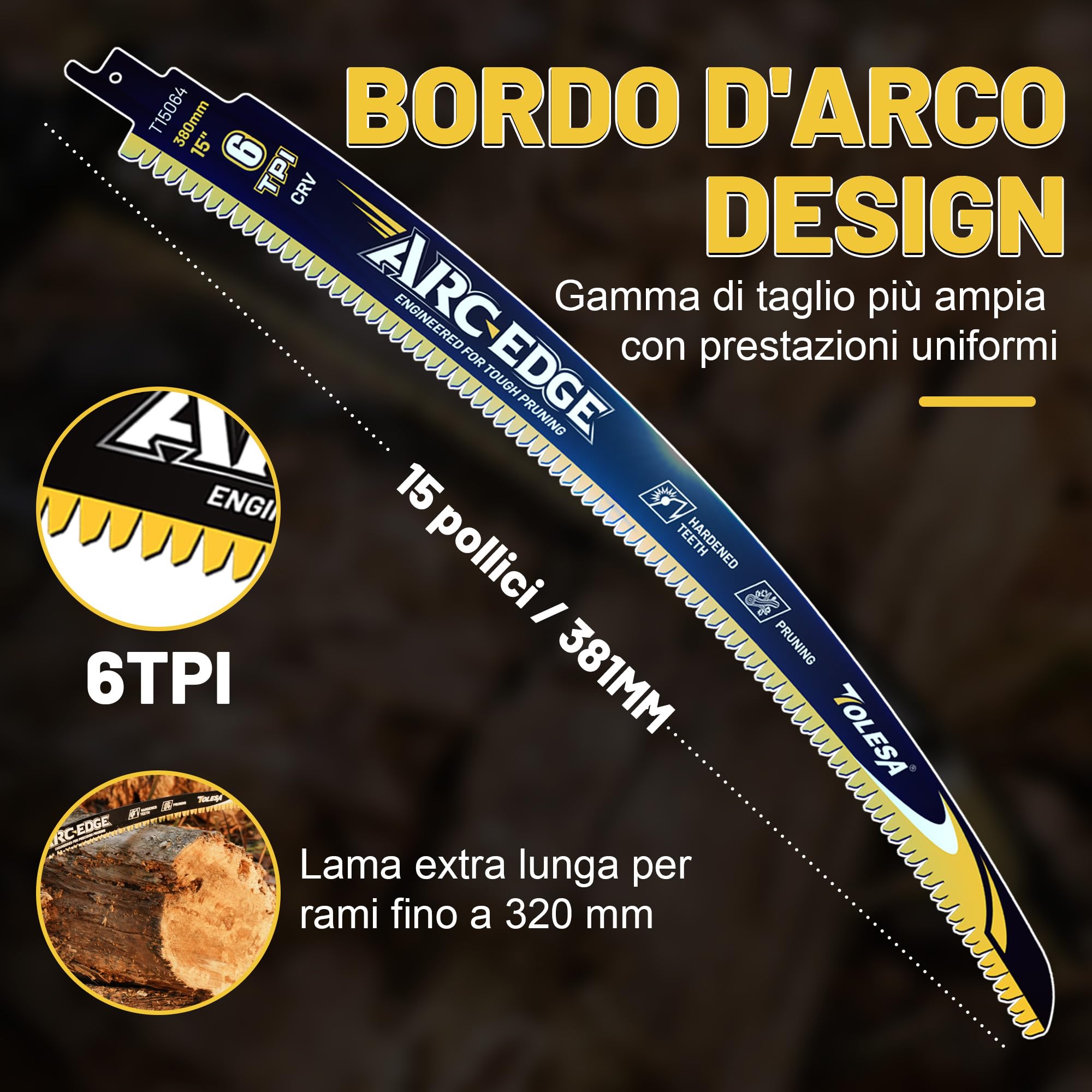 TOLESA Lama sega reciprocante giapponese da 380mm, lama sega per potatura di legno con bordo ad arco da 6 TPI per potatura degli alberi, taglio del legno, 3 pezzi