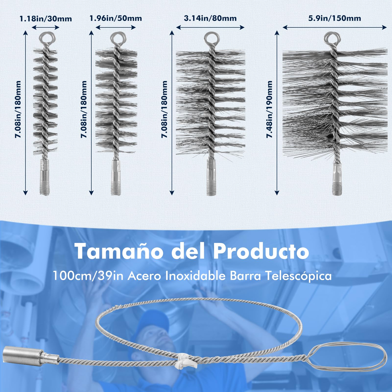 4 Piezas Cepillo de Caldera Kit, Diámetro 30/50/80/150mm con 1 Metro Extensor, Cepillo de Limpieza para Chimeneas para Limpiar Chimeneas Tubos de Horno y Tubos Humo