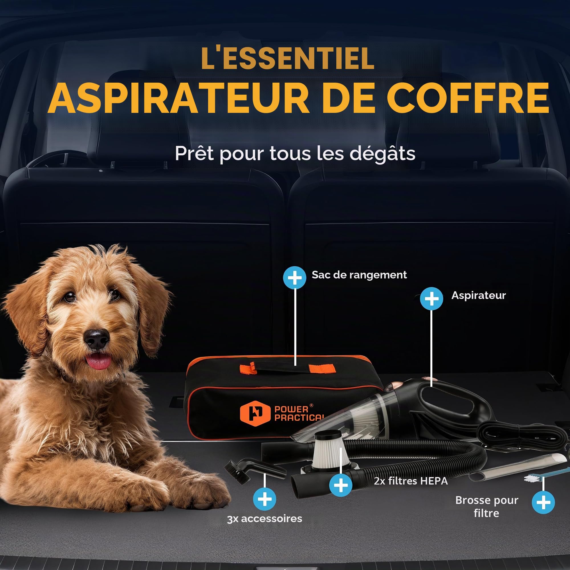 ThisWorx Aspirateur Voiture Puissant - Mini Aspirateur à Main 110W, 12V avec 3 Embouts et Sac de Transport, Cordon 5 m, Accessoire Voiture - Noir