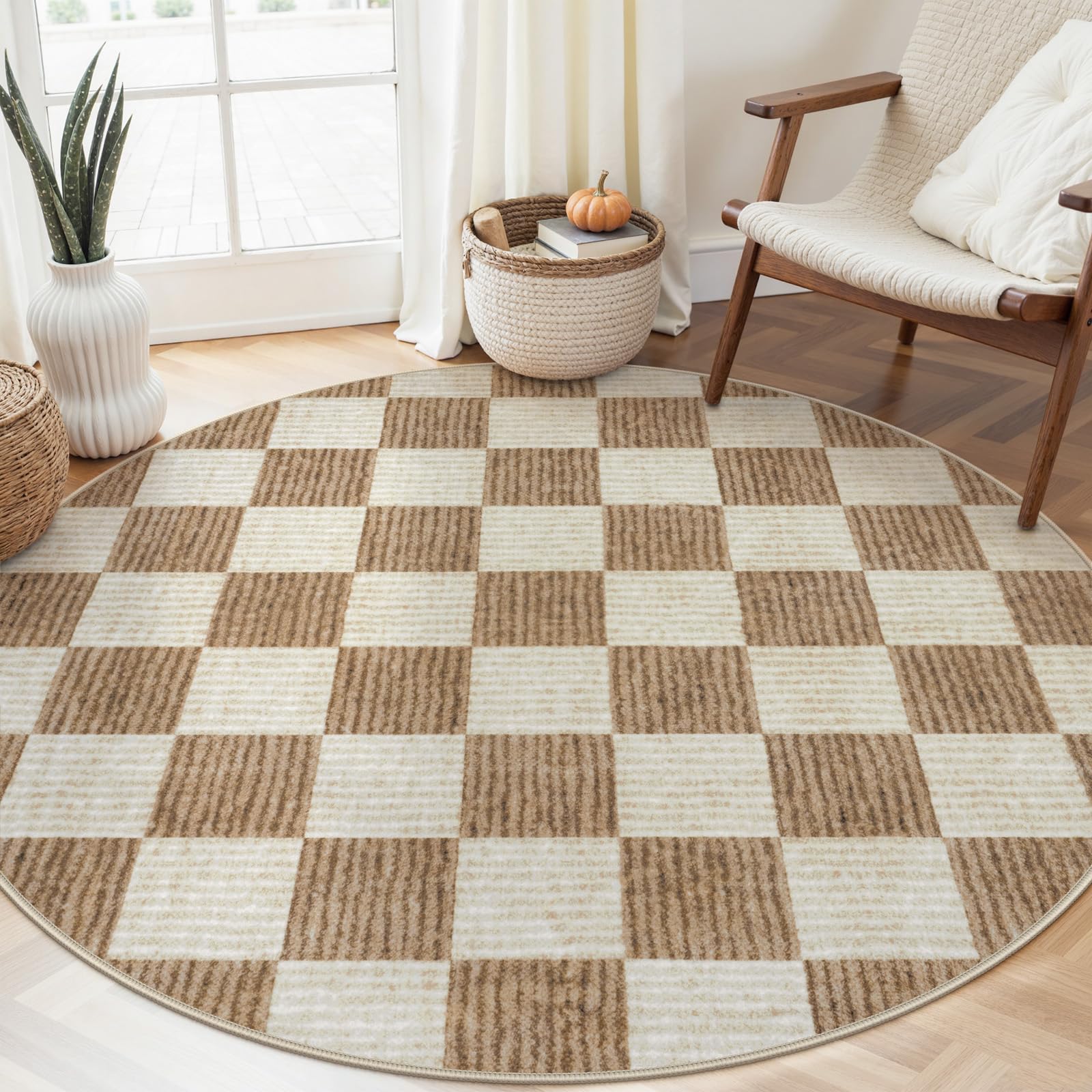LIVEBOX Checkered Round Rug 6 Ft Washable Area Rug for Playroom Classroom, Kids Non-Slip Neutral Classic Circle Rug Geometric Large Carpet Soft Boys