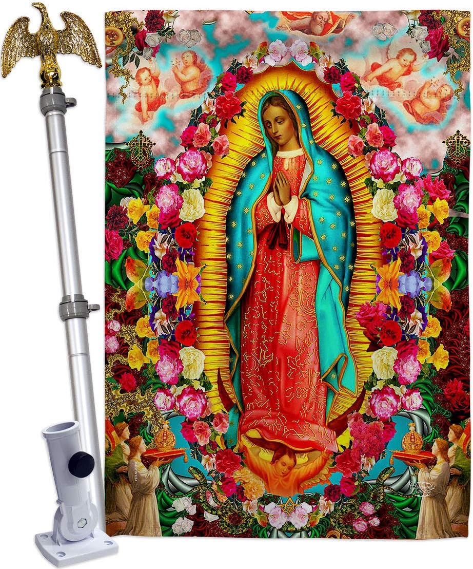 Our Lady of Guadalupe House Flag Dowel Set Religious Faith Hope Grace Peace Dove Christian Religion Easter Small Decorative Gift Yard Banner Made in USA 28 X 40