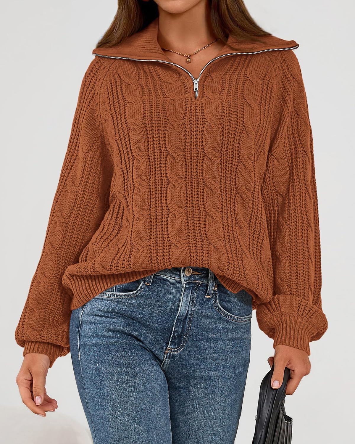 BTFBM Sweaters for Women Fall Fashion 2025 Loose Quarter Zip Pullover Collared Long Sleeve Cable Knit Winter Clothes - Image 6