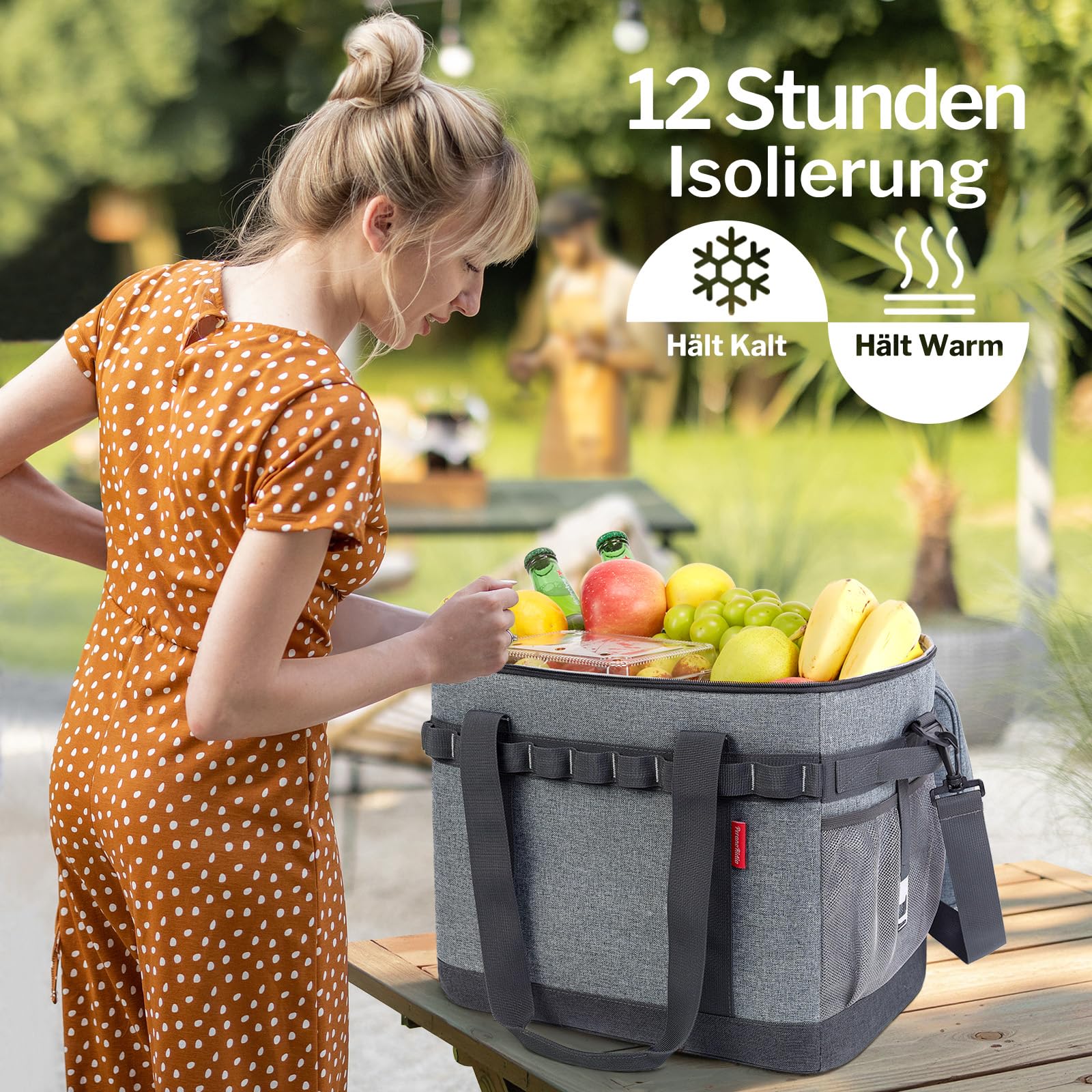 Kühltasche 40L, 12h Kühlung, Groß Faltbar Picknicktasche, Kühlbox Tragbare Isoliertasche für Auto & Einkaufen, Thermotasche Cooler Bag für Arbeit, Picknick, Strand, Camping, BBQ