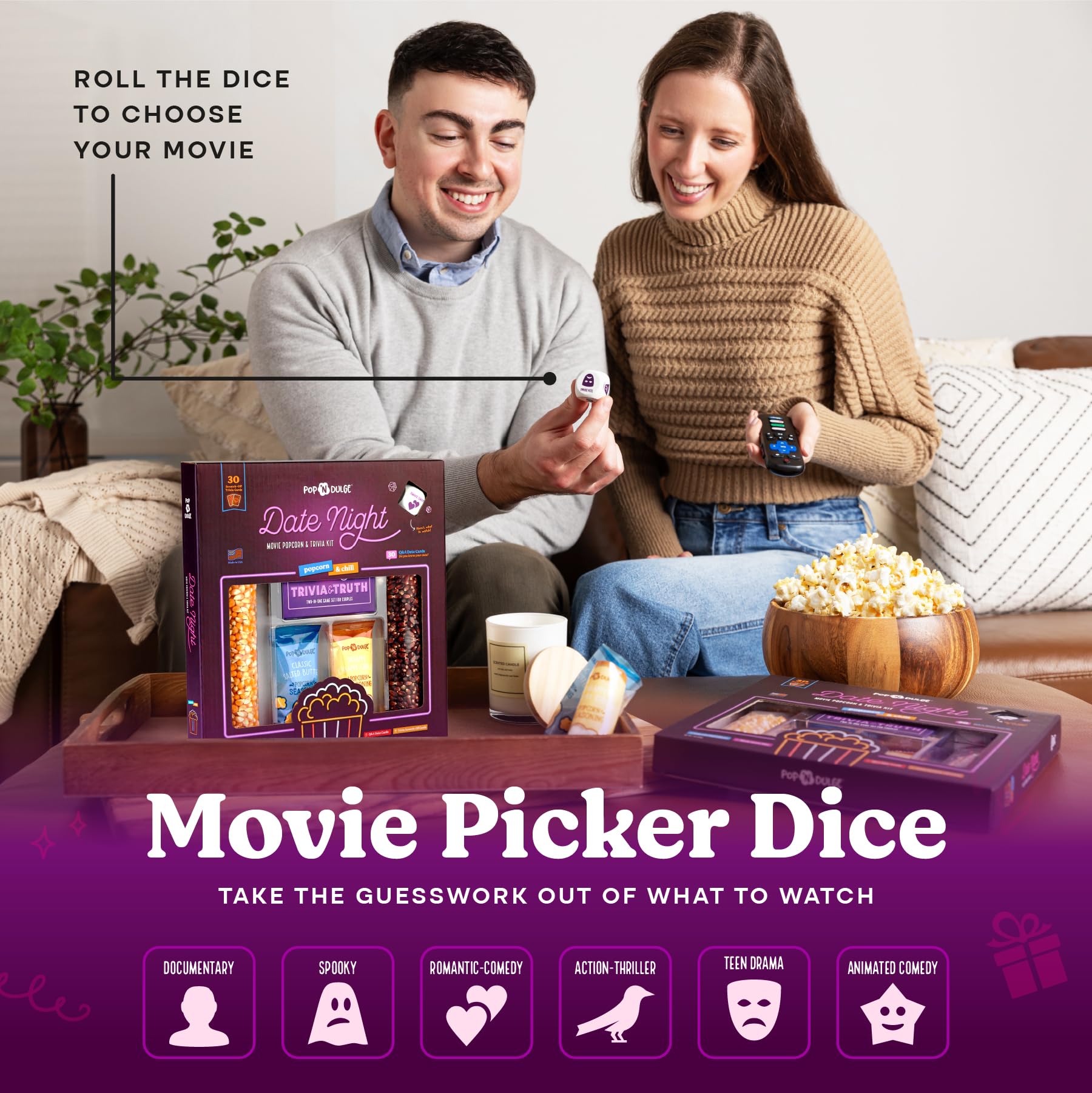 Couples Gift Set, Date Night Scratch Off Cards, Popcorn Gift Set & Movie Night Trivia Dice Game, Anniversary, Couples Gifts for Him and Her, 30 Cards, Gourmet Popcorn Kernels And Popcorn Seasoning Kit