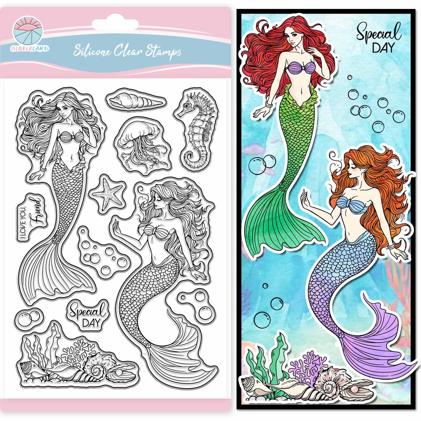 GLOBLELAND Ocean Mermaid Clear Stamps for Scrapbooking Jellyfish Shells Silicone Stamps Summer Greetings Transparent Stamp for Card Making DIY Embossing Journaling