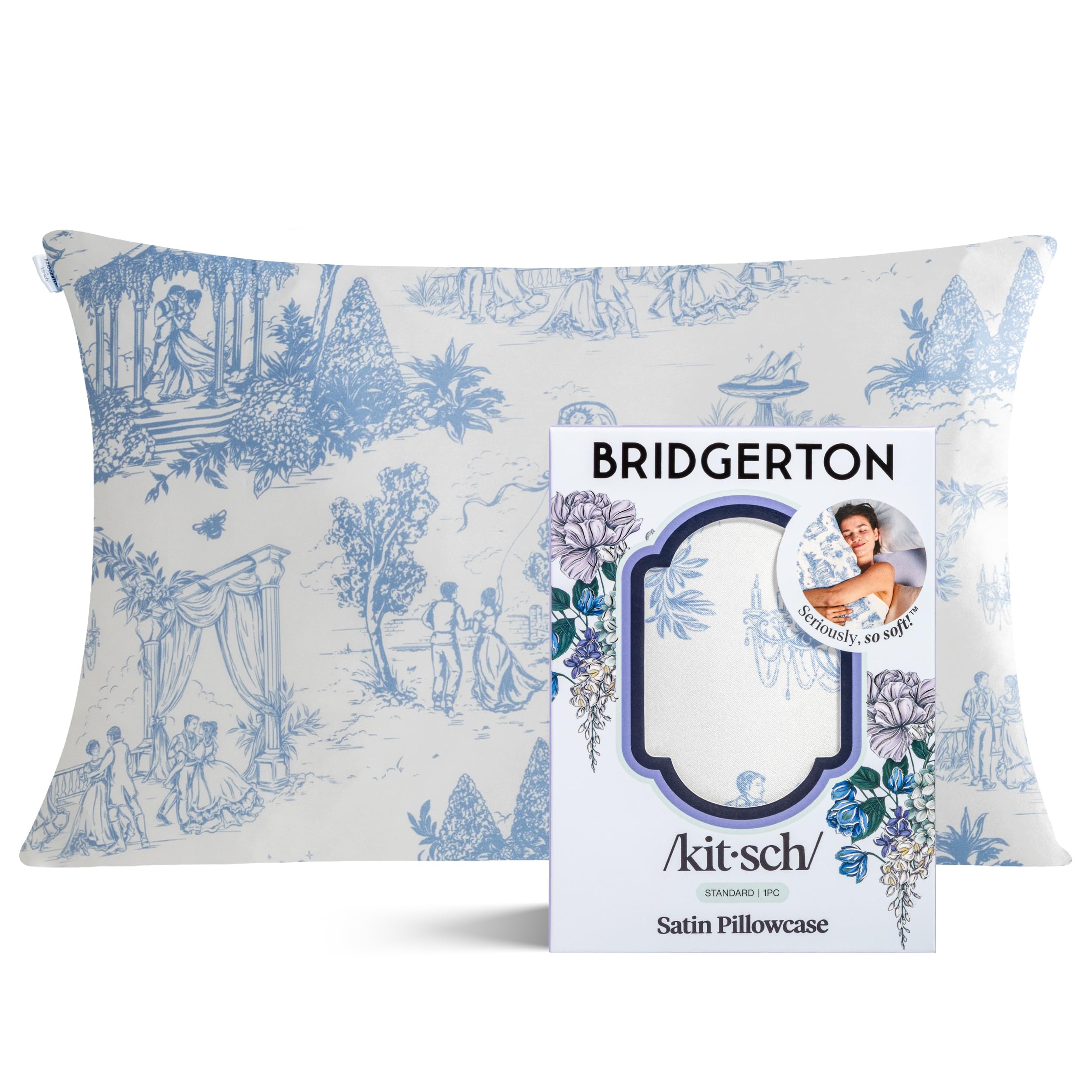 Kitsch Garden Toile Bridgerton X Satin Pillowcase With Zipper For Hair & Skin - Softer Than Silk Pillow Cases, Smooth Cooling Pillow Cover, Wrinkle-Free, Machine Washable, Standard Size (19X26)