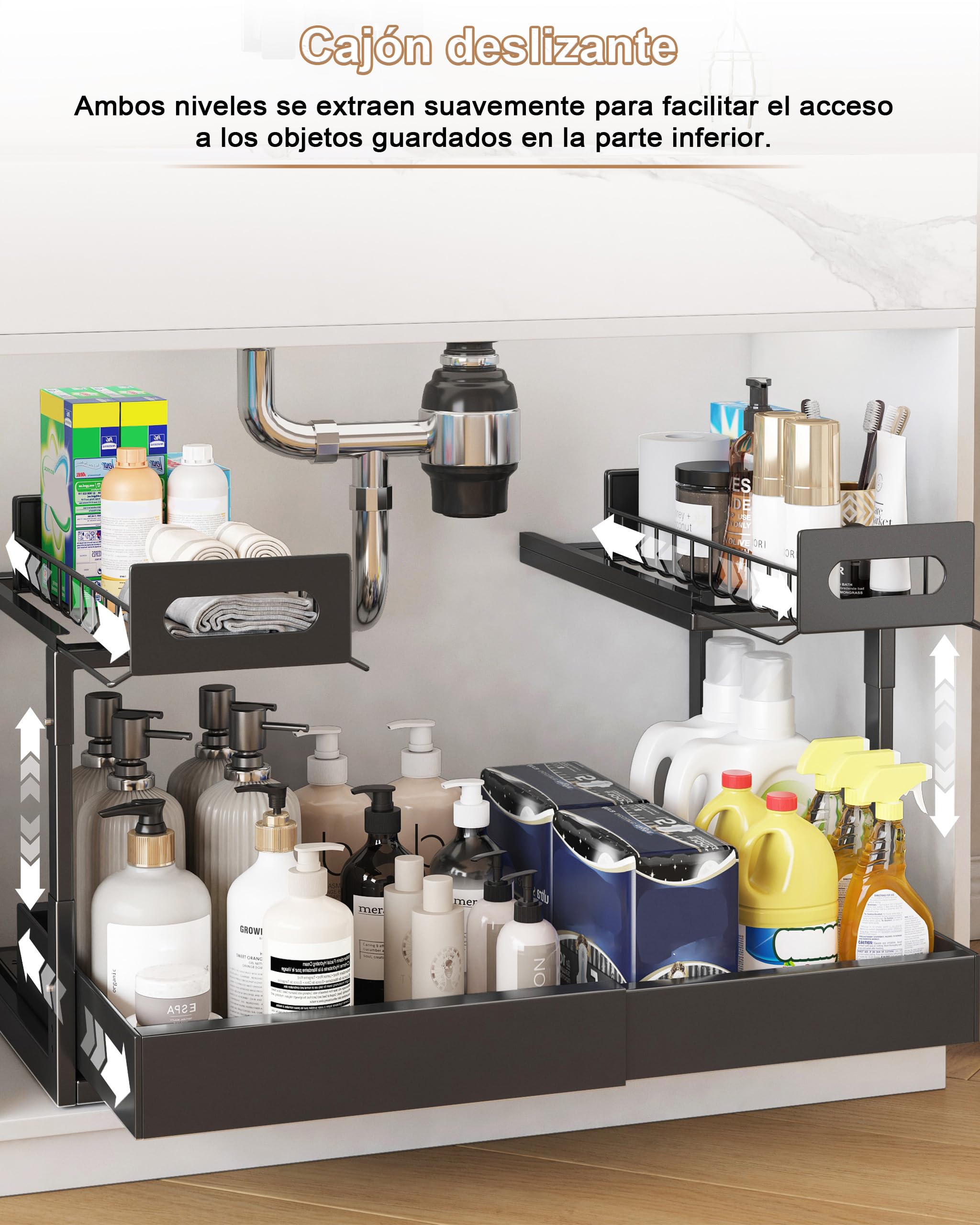 Cajón extraíble Ampliable de Doble Capa, Organizador de Armario extraíble con cajones extraíbles, Altura Ajustable, cajón telescópico extraíble, Negro