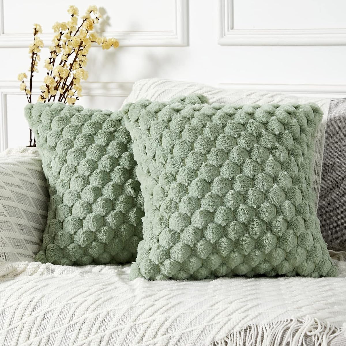 Paquete de 2 fundas de almohada decorativas súper suaves y acogedoras de piel sintética de felpa peluda, funda de cojín de lujo para sofá, cama, sala de estar, 16.0 x 16.0 in, color verde salvia