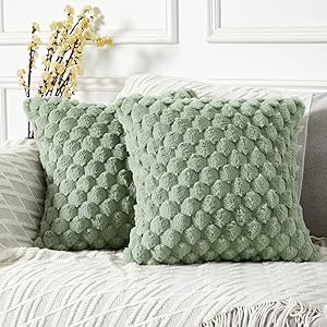 Yaertun Pack of 2 Super Soft Cozy Decorative Throw Pillow Covers Fuzzy Plush Faux Fur Luxury Cushion Cover Pillowcase for Sofa Couch Bed Livingroom 18x18 Inch Sage Green