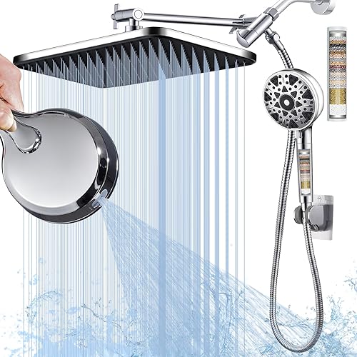 Cabezal de ducha doble de 14 pulgadas, cabezal de ducha de mano de alta presión con filtros para agua dura, 7 rociadores con lavado eléctrico,
