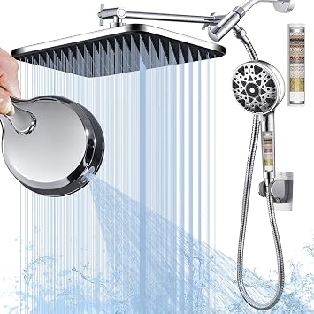 Dual shower Head with Handheld and Filter-14 Rainfall ShowerHead,High Pressure Handheld Shower Head with Filters for Hard Water,7Spray with Power Wash,3-Way Setting for Couple Bathroom
