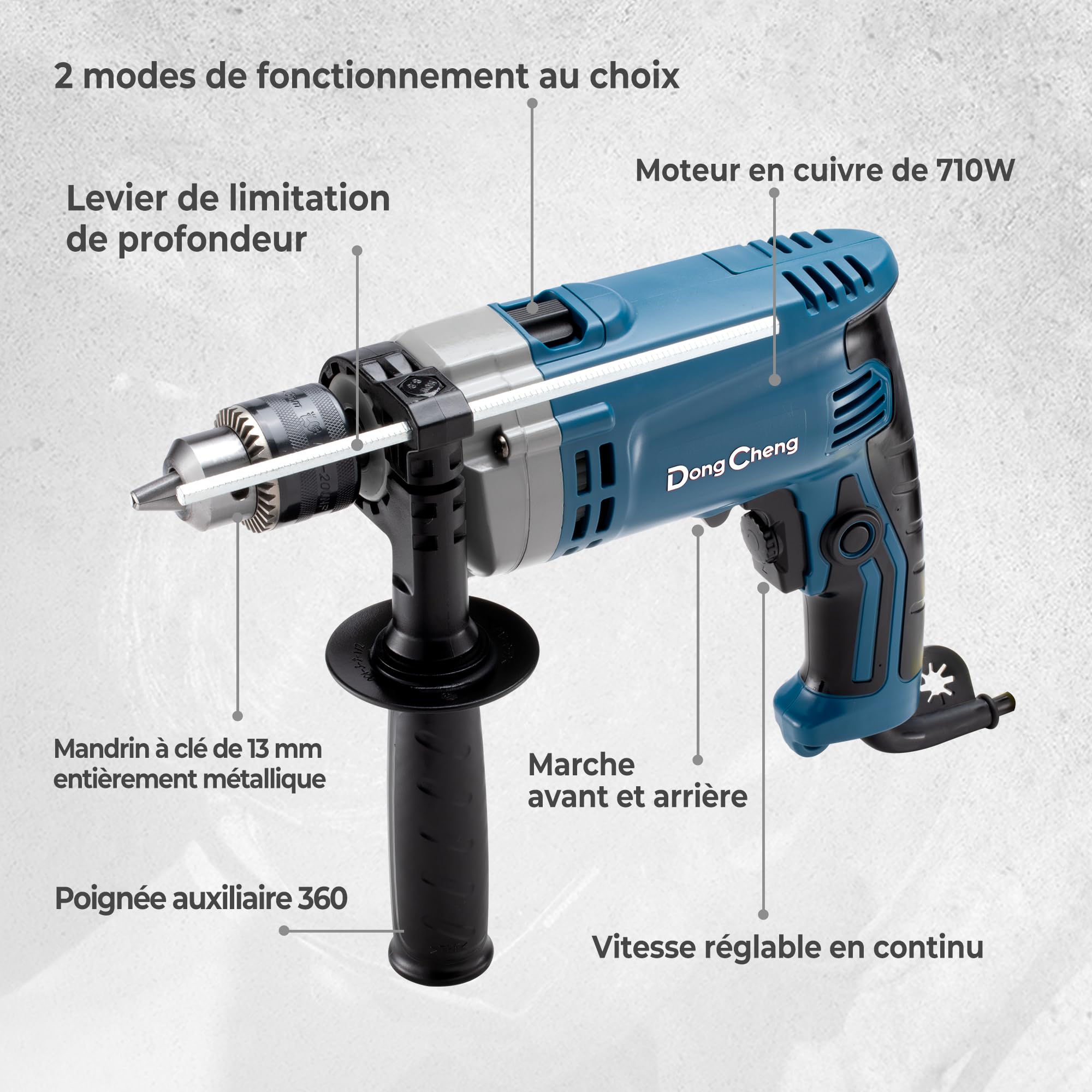 DongCheng Perceuse à percussion Marteau perforateur 710W 13mm mandrin 45000 IPM 3000 RPM 15 couronnes perçage métal bois béton