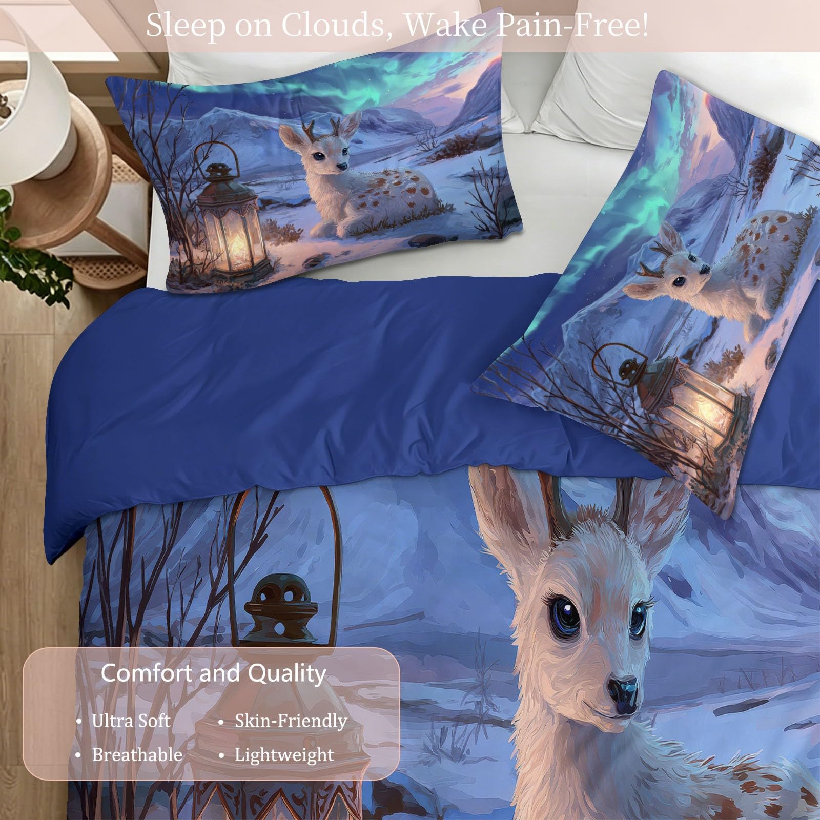 Générique Fantastyczna poszwa na kołdrę 3D Animal 220 x 240 cm, latarnia jeleń śnieżna góra - 3-częściowy zestaw pościeli z niebieskiej mikrofibry z nadrukiem (poszwa na kołdrę 2 poszewki na poduszki)