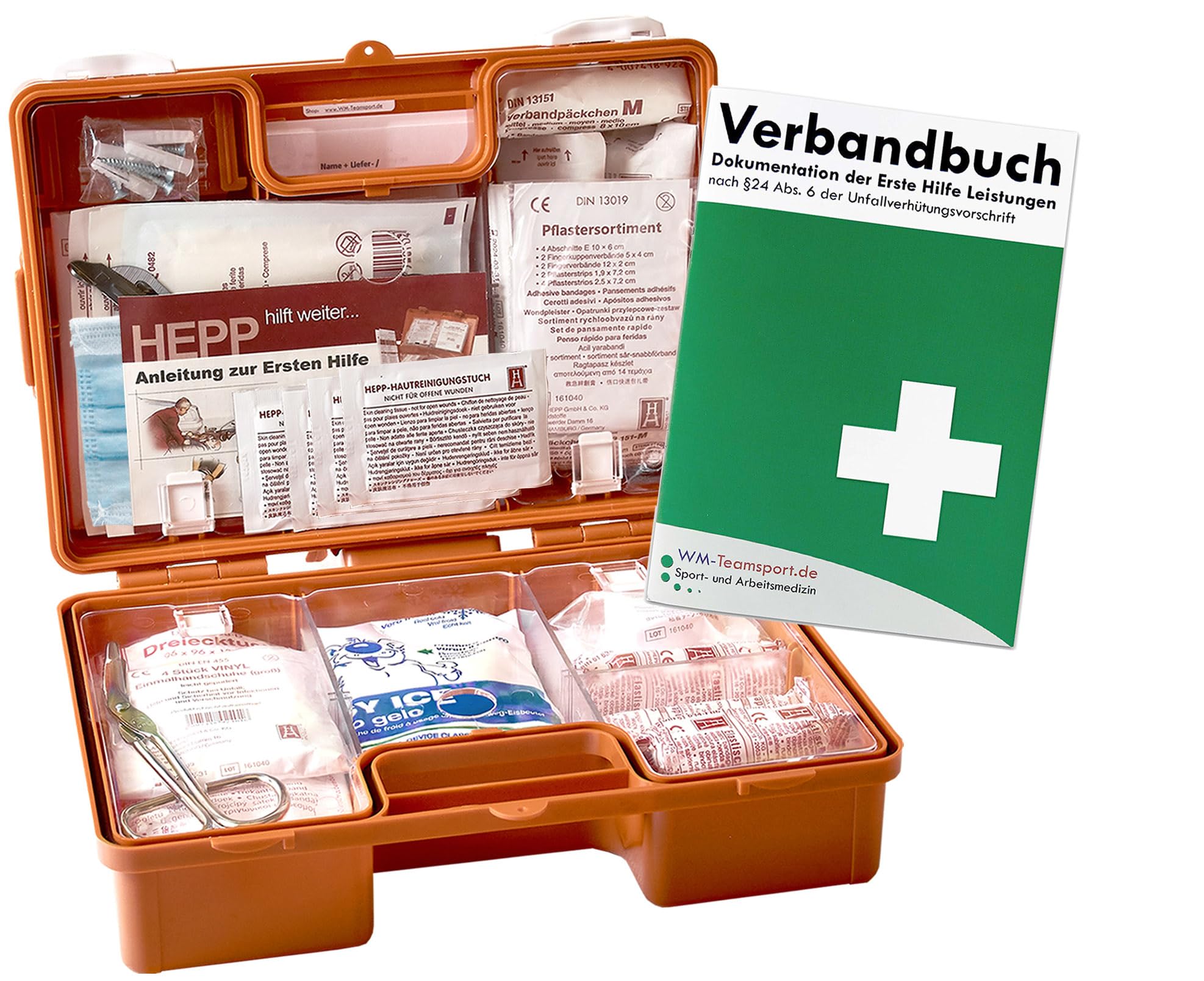 Erste Hilfe Kasten nach aktueller DIN/EN 13157 für BÜRO & BETRIEBE inkl. DIN/EN 13164 für KFZ - INKL. Verbandbuch (Perforierte Seiten)