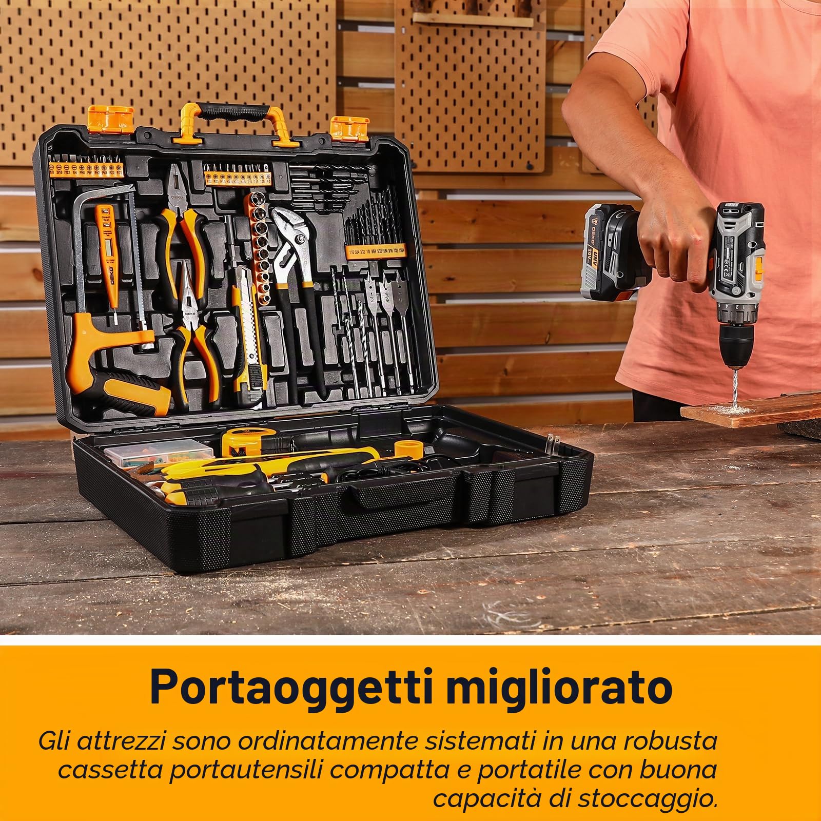 DEKO Cassetta Attrezzi Completa con Trapano Avvitatore Batteria 20V, 186 Pezzi, Set Completo di Punte