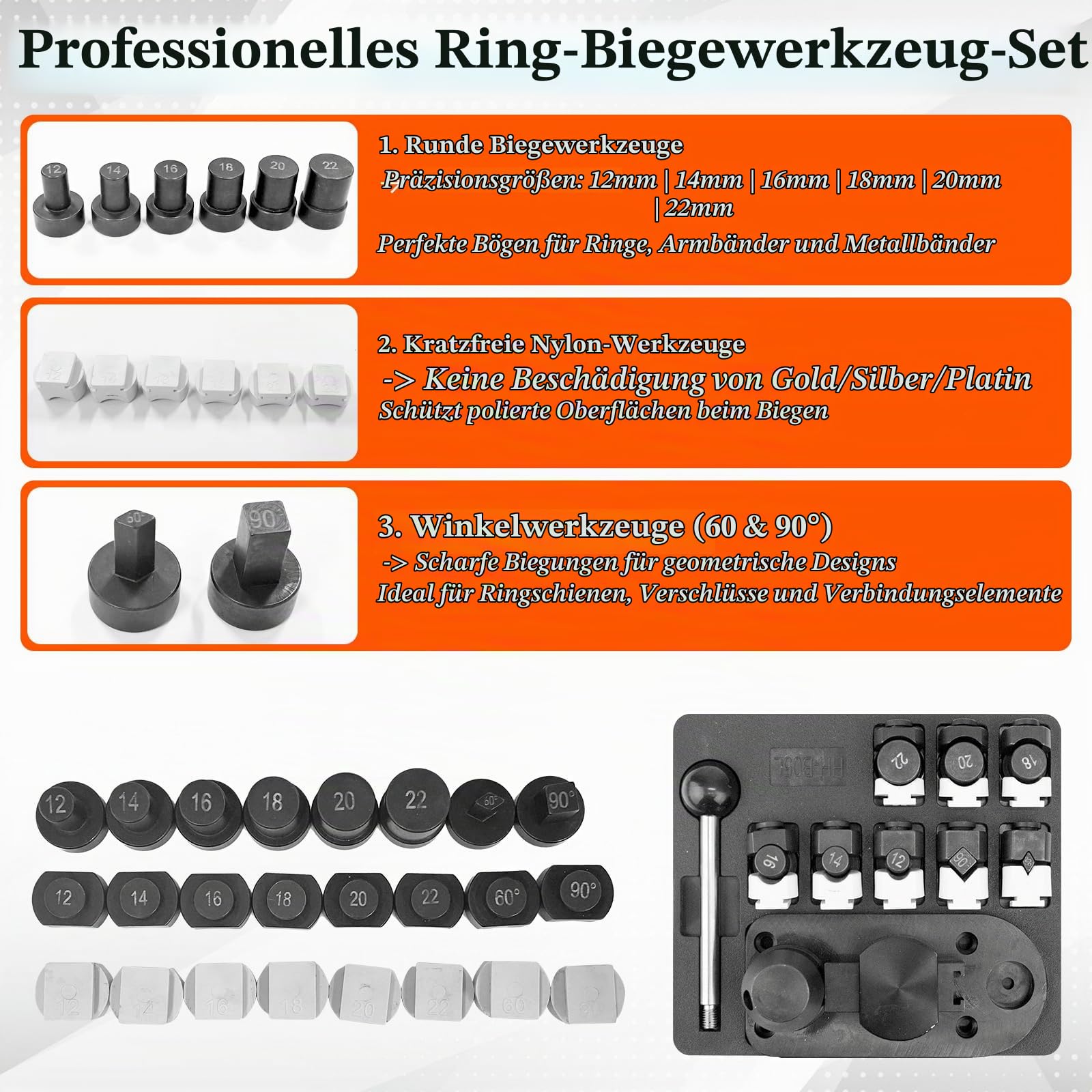 Ringbiegewerkzeug für Schmuckherstellung, Ringherstellung, Ringbieger | Ring Biegemaschine mit 27-teiligem Set aus Nylon/Metall Matrizen, Ringmaß, Hammer & Polierwerkzeuge
