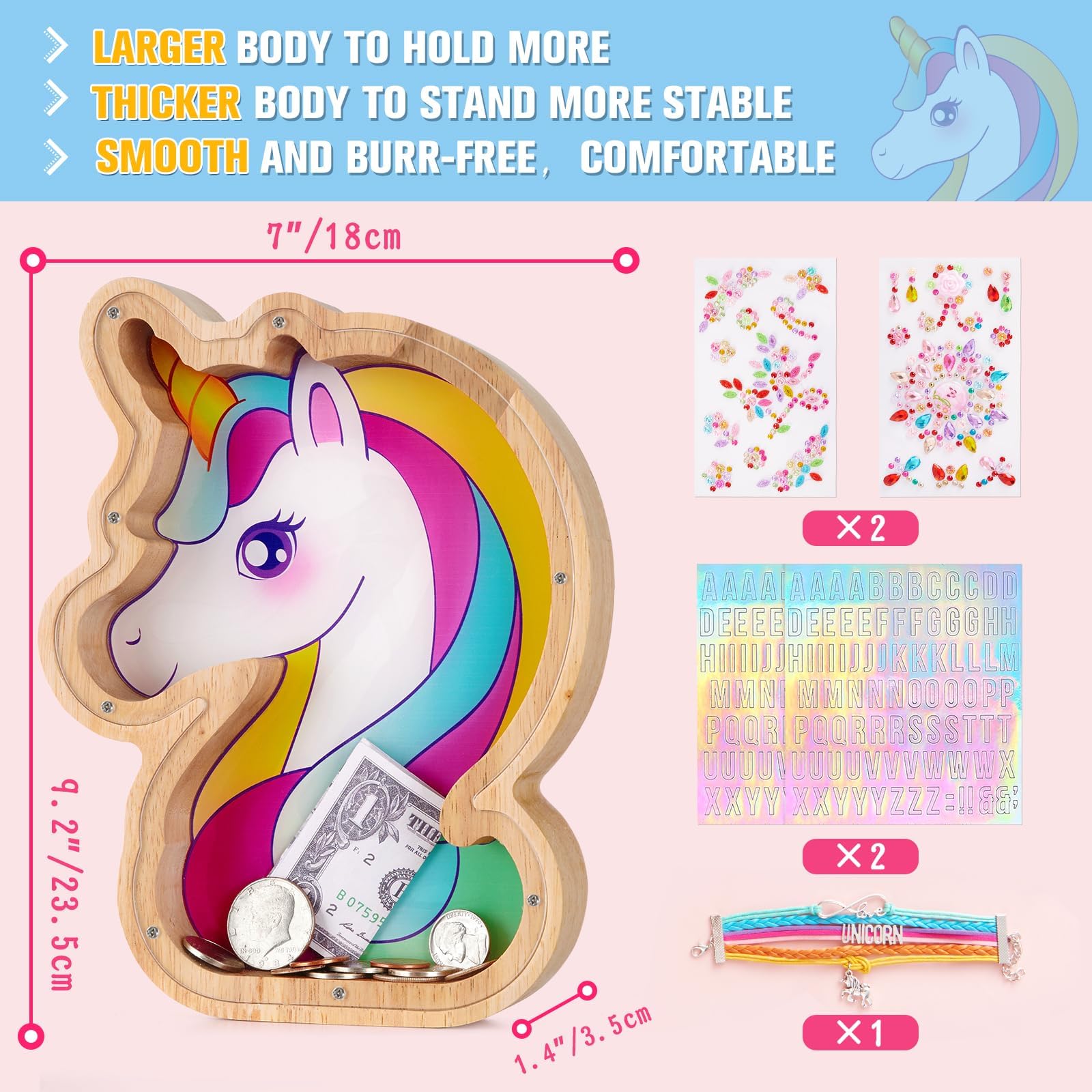 WERNNSAI Wooden Piggy Bank for Kids Unicorn Unbreakable Coin Money Bank with DIY Alphabet Stickers Unicorn Bracelet and Stickers for Girls Children's Name Personalized