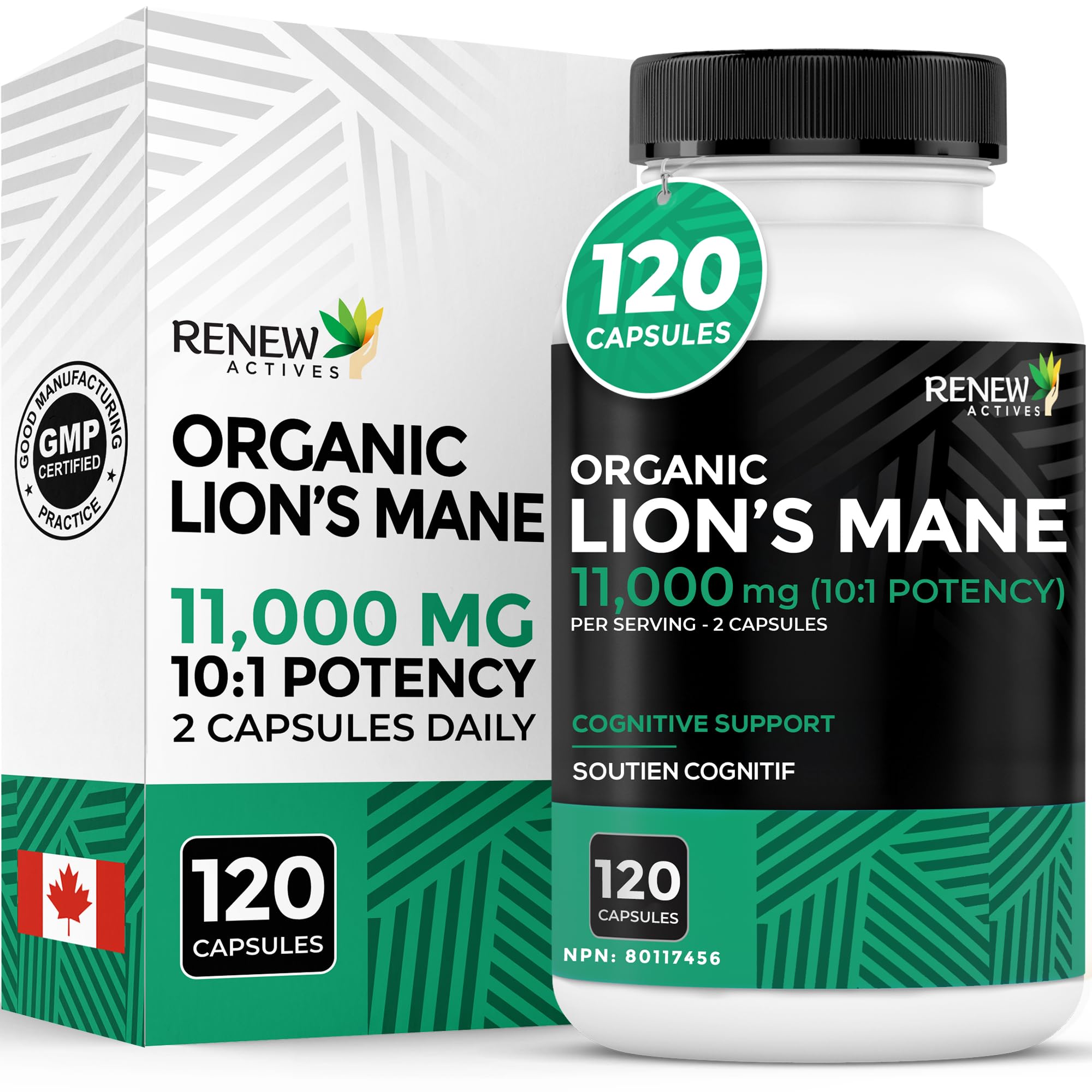 RENEW ACTIVES Premium Organic Lion's Mane Mushroom 11000 MG per Serving Size (10:1 Ratio) - Supports Brain Function, Memory, Focus, Stress Relief & Immune Health, Non-GMO, Made in Canada - 120 Capsules