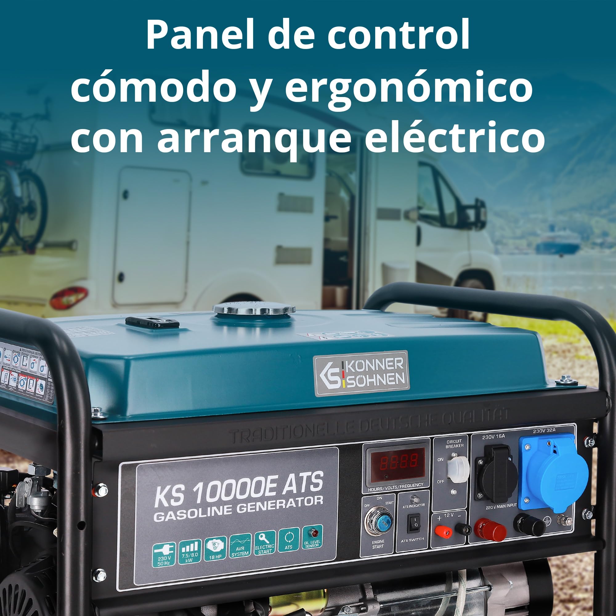 Generador de gasolina KS 10000E ATS con sistema ATS incorporado de una potencia máxima 8000 W, arranque manual/eléctrico/automático, 1x16A, 1x32A (230V), motor original EURO 5