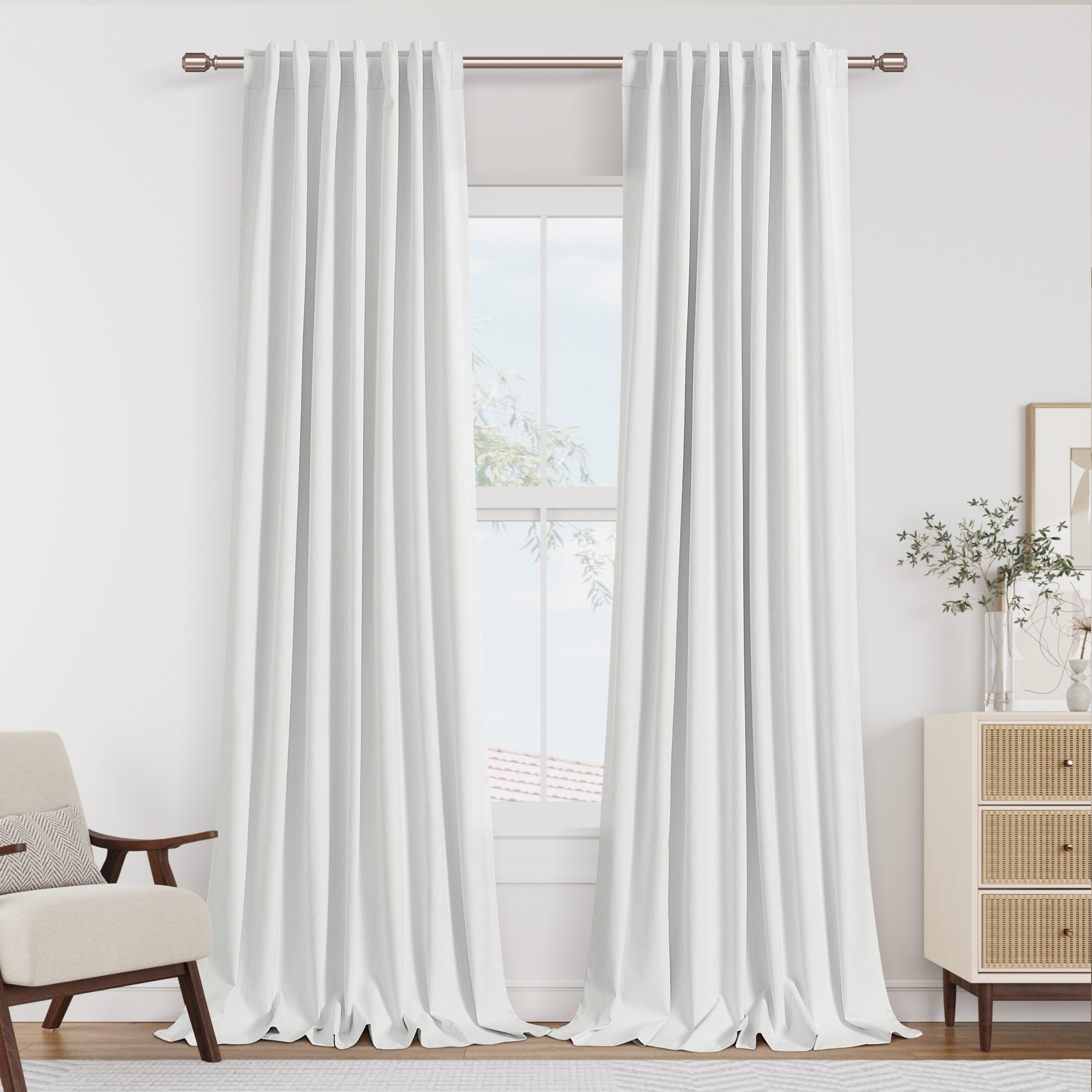 Guken White Linen Blackout Curtains 92 Inch Length 2 Panels Set for Living Room Bedroom Back Tab Thermal Insulated 100% Black Out Linen Drapes Room