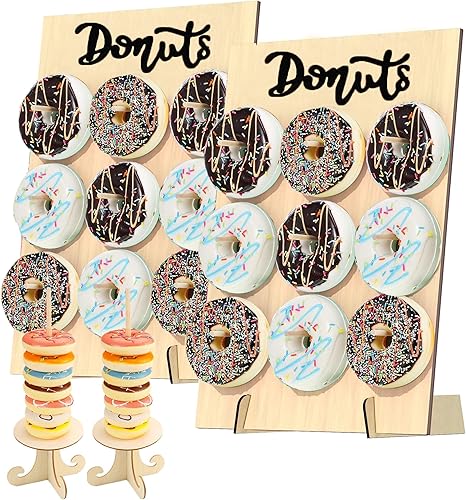Soporte de exhibición de pared de rosquilla, 2 piezas, con 2 soportes de torre de dona, soporte de madera para donas para baby shower, fiesta, boda, disponible en Yaxa Peru