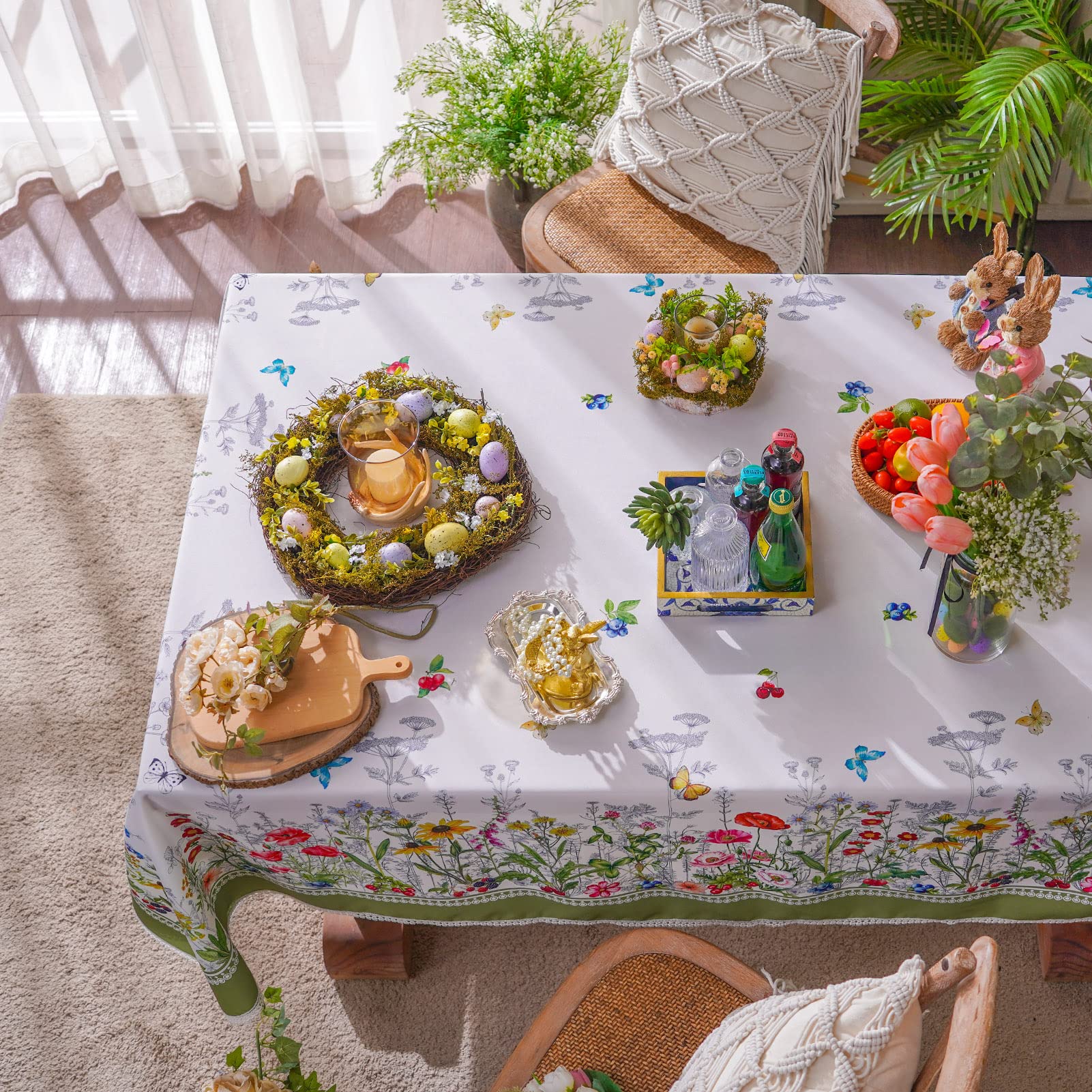 SUTAVIA Mantel Floral de Mariposa, Girasol, Tela Impermeable con Encaje Bordado, Resistente a Las Manchas, decoración para Primavera, Verano, hogar, Comedor, Interior, Exterior, Boda, Picnic