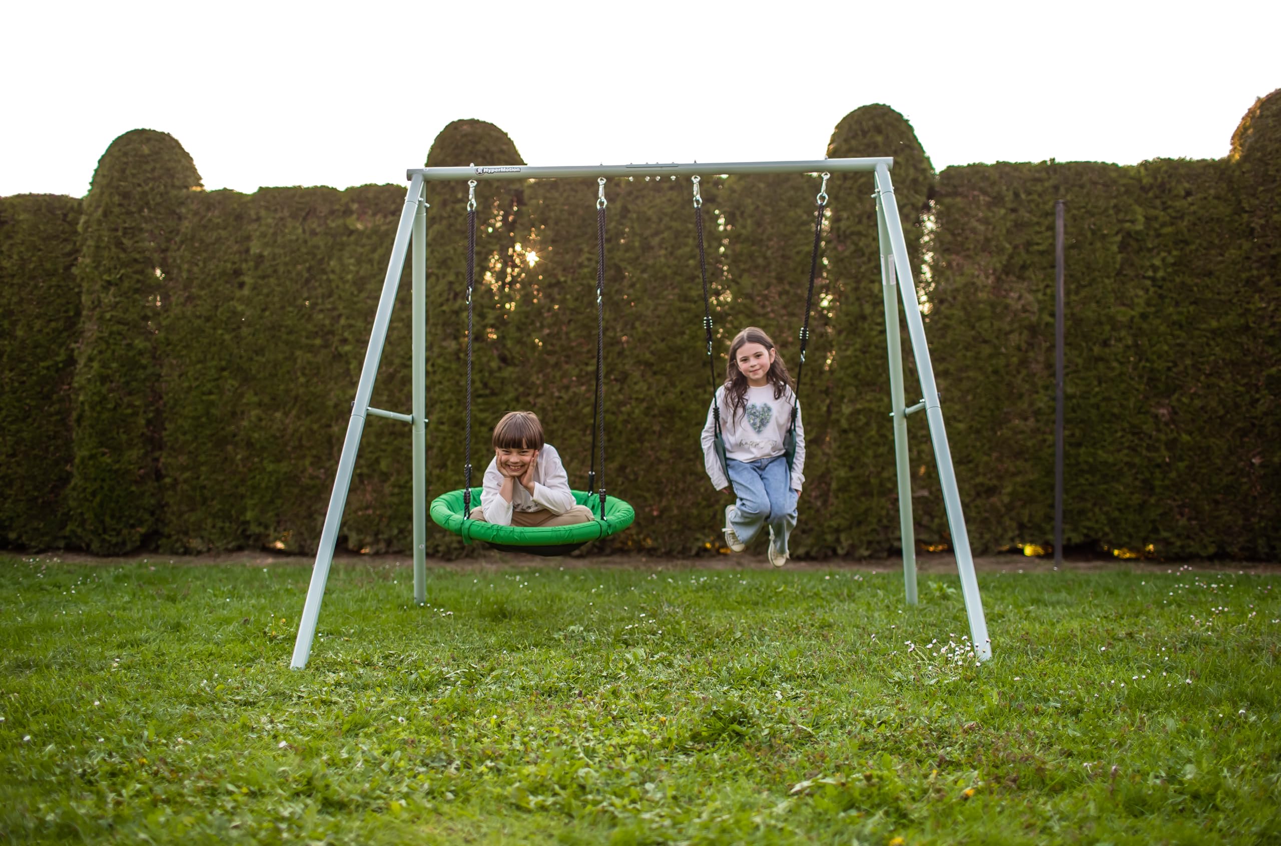 HyperMotion Columpio Infantil Doble para Jardín Exterior - Asiento y Nido de Cigüeña Ajustable con Estructura en A - para 2-3 Niños, Carga 200kg, Resistente UV