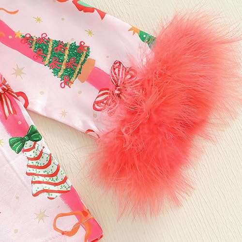 Toddler Girl New Year Silk Pajamas Bow&Clock Print Lapel Long Sleeve Button Down Tops and Pants Sleepwear PJs Outfit(Pink Stripe Tree Bow,2-3T)