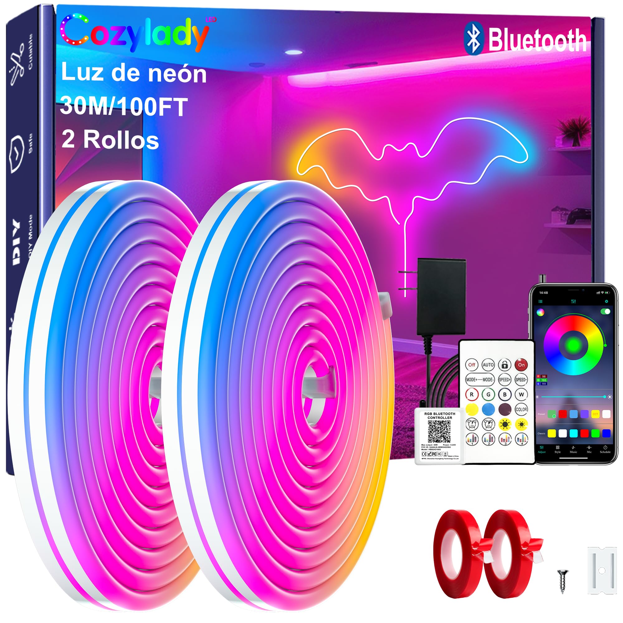 Cozylady Tira LED NeóN Bluetooth 30M/100FT, Luces LED RGB NeóN Impermeable,Suave y DIY Deformable Luz LED con Control Remoto de 44 Teclas+Controlador Inteligente APP para DecoracióN Cuarto, Festival - 30M/100FT