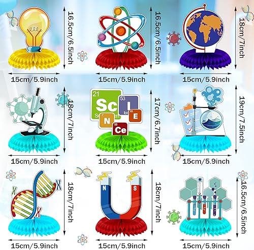 Miniatura 3 de Fainne 9 piezas de decoración de fiesta de ciencia, centros de mesa con temática de panal de abeja con temática de ciencia, decoración de mesa 3D,