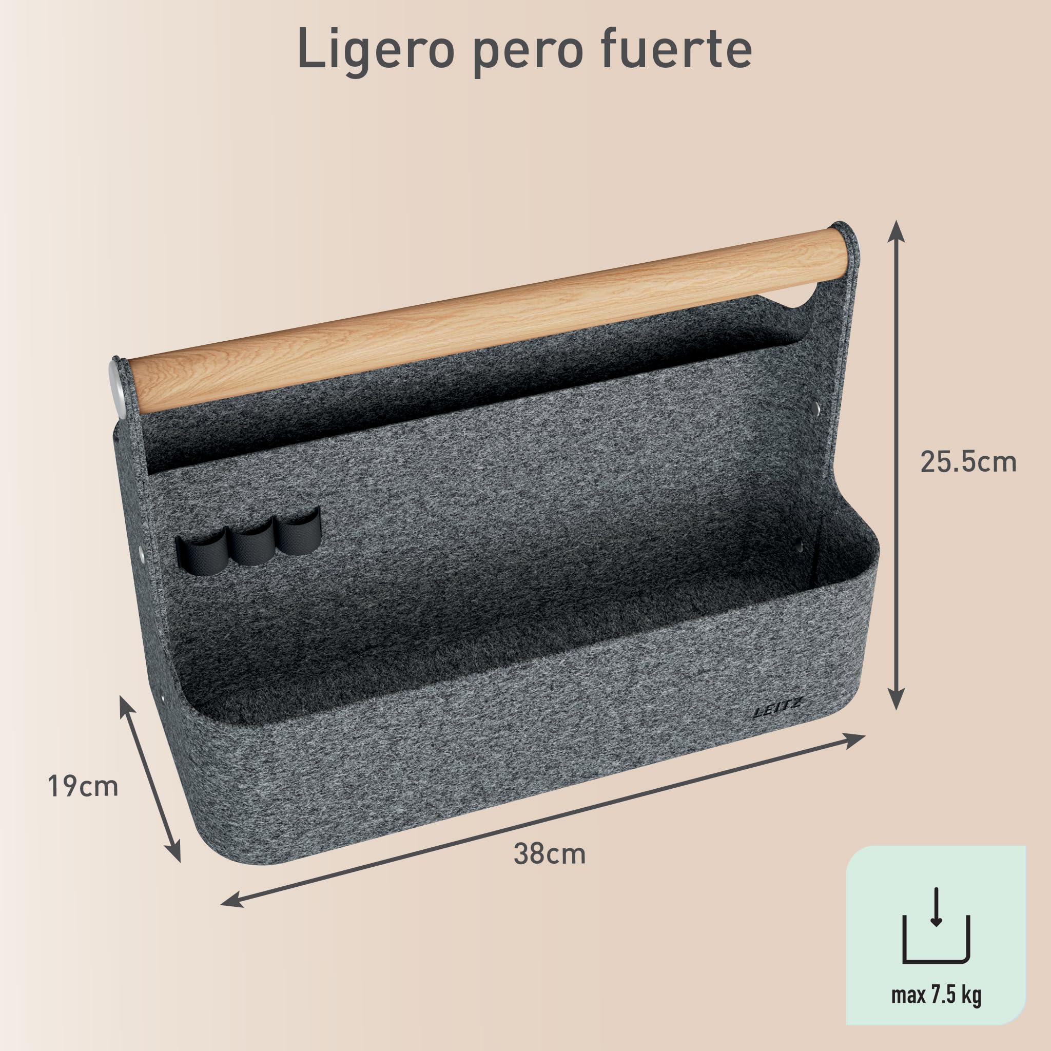 Leitz Organizador de escritorio portátil con asa, organizador portátil de escritorio de oficina con mango de madera, ideal para espacios de trabajo y oficinas de hotdesk - 38 x 19 x 25,5 cm (largo x