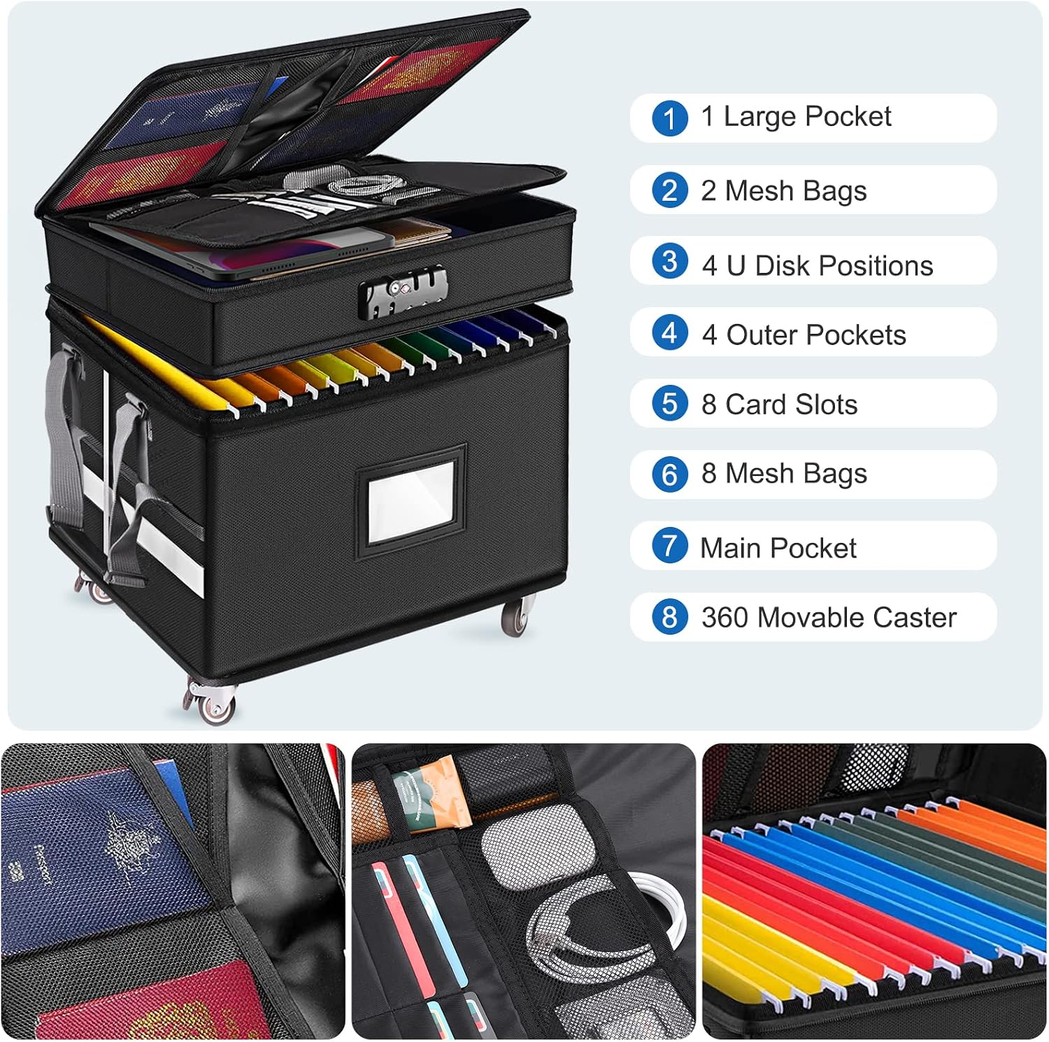 Fireproof Document Box with Lock, 2 Layer File Organizer Box with Wheels, Collapsible Safe File Box Document Organizer for Home Office,Rolling File Cabinet for Hanging Letter/Legal Folder